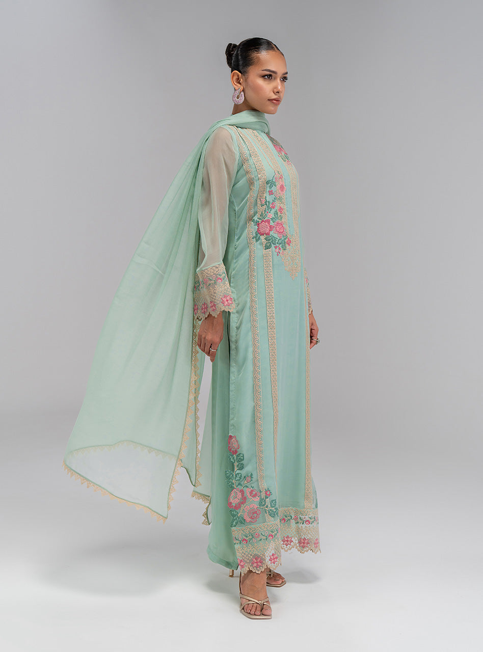 Pakistani Mint Green Embroidered Chiffon Salwar Kameez (3-Piece) - Image 9