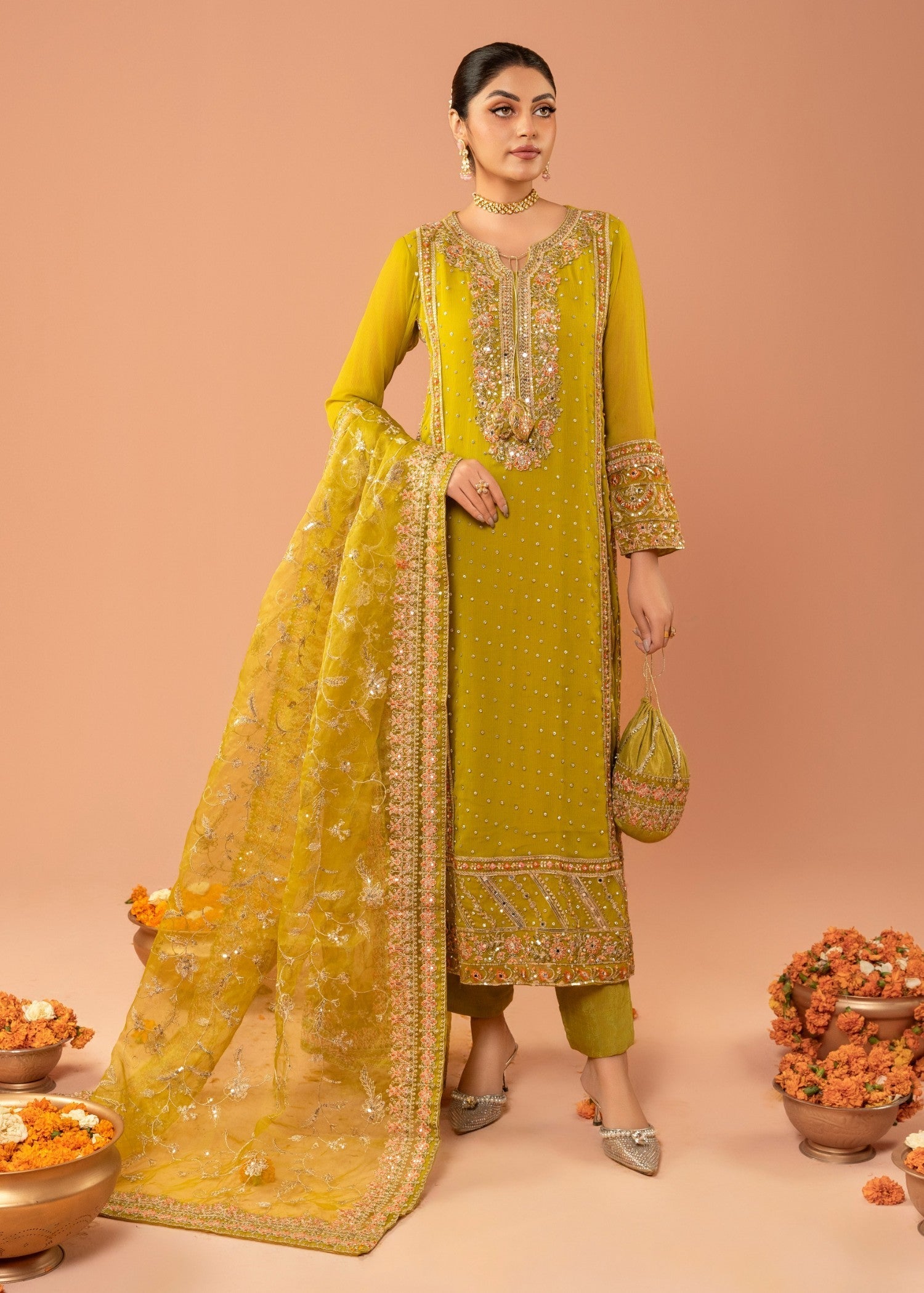 Pakistani Olive Green Embroidered Chiffon Kurta Set (3-Piece) - Image 1