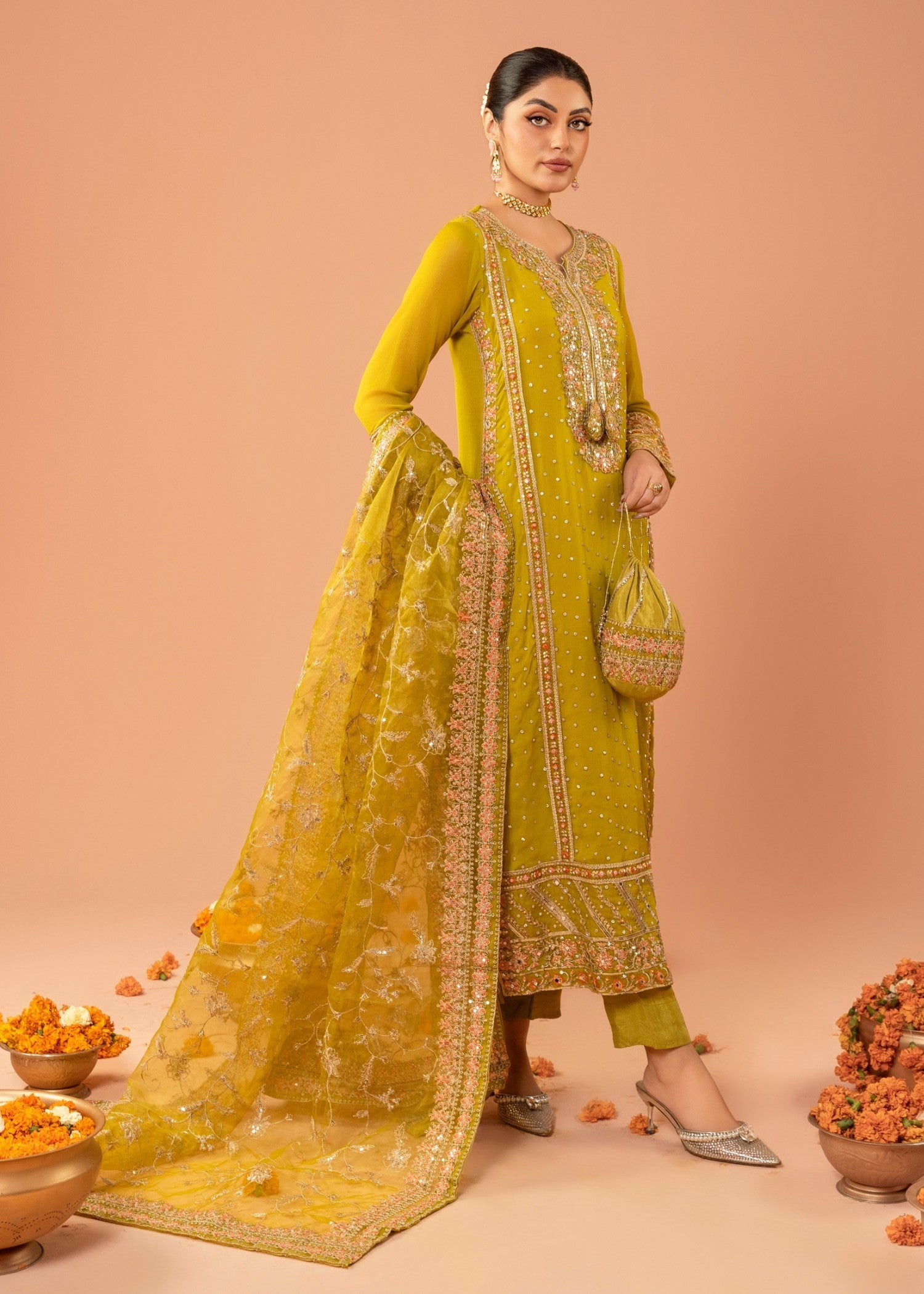 Pakistani Olive Green Embroidered Chiffon Kurta Set (3-Piece) - Image 2