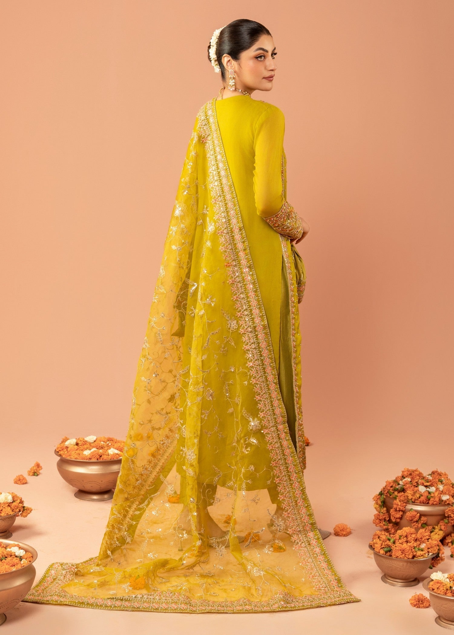 Pakistani Olive Green Embroidered Chiffon Kurta Set (3-Piece) - Image 3