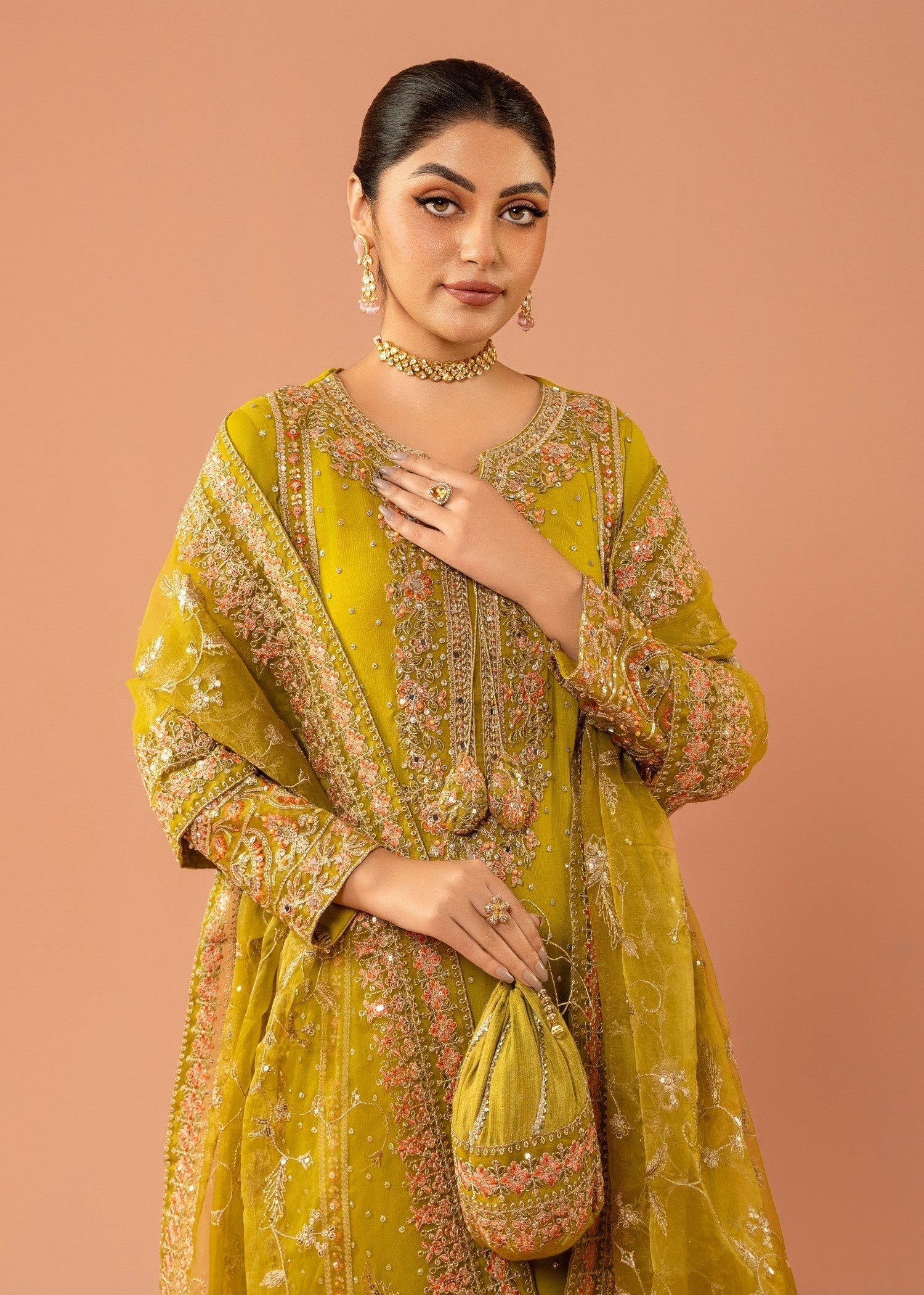 Pakistani Olive Green Embroidered Chiffon Kurta Set (3-Piece) - Image 5