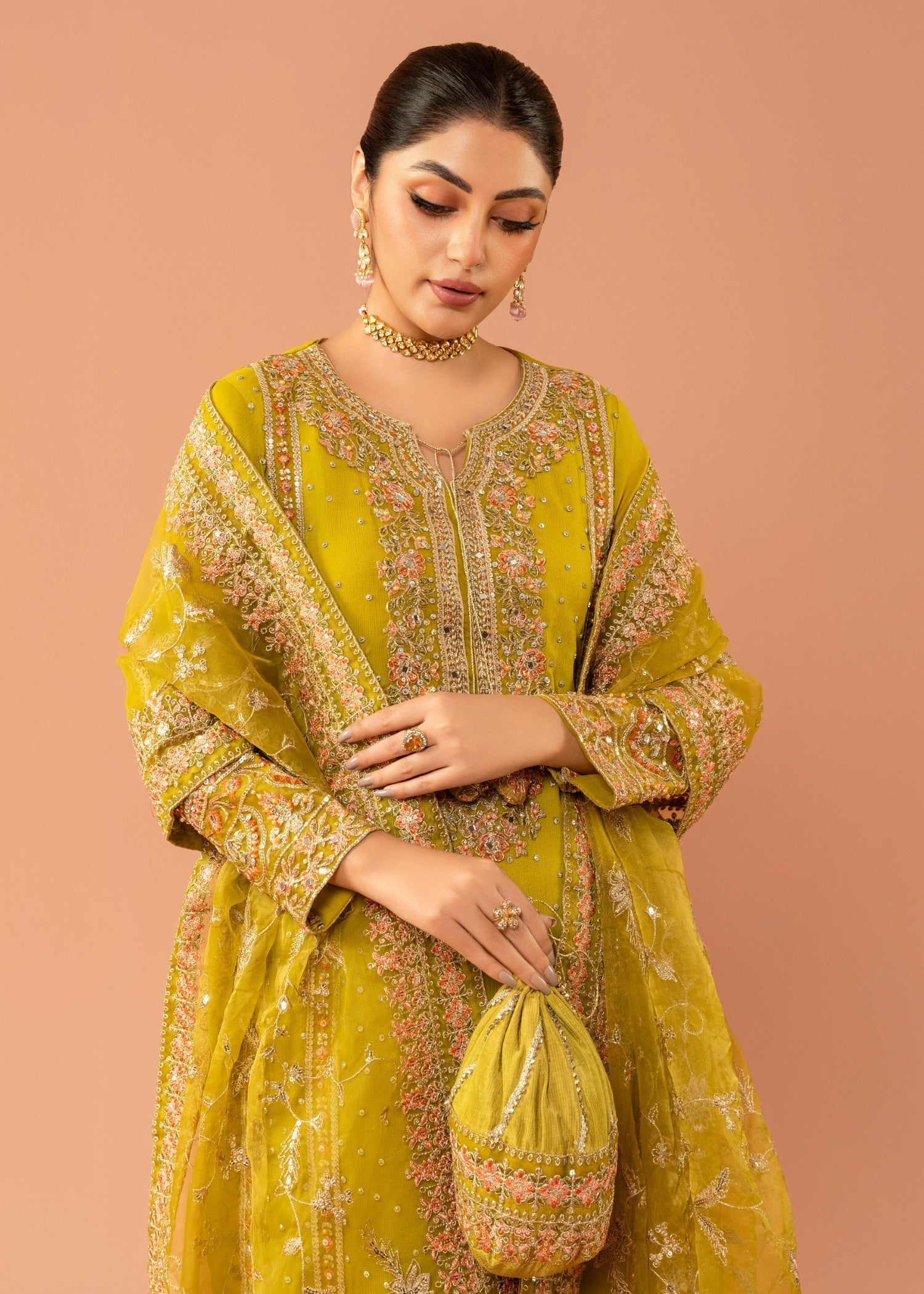 Pakistani Olive Green Embroidered Chiffon Kurta Set (3-Piece) - Image 6