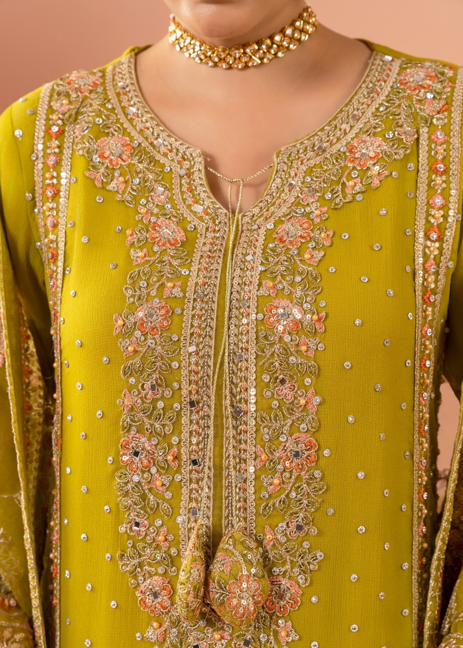 Pakistani Olive Green Embroidered Chiffon Kurta Set (3-Piece) - Image 7