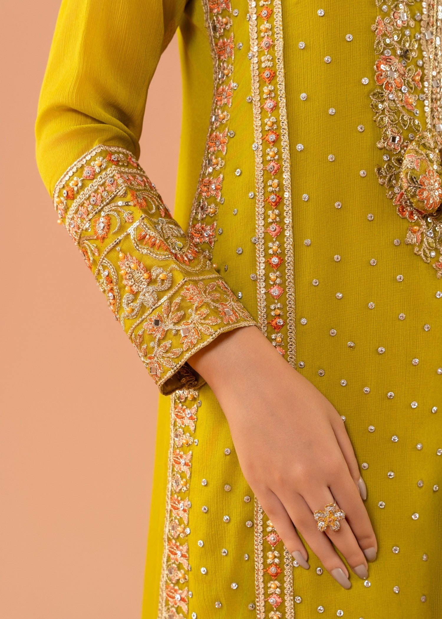 Pakistani Olive Green Embroidered Chiffon Kurta Set (3-Piece) - Image 9