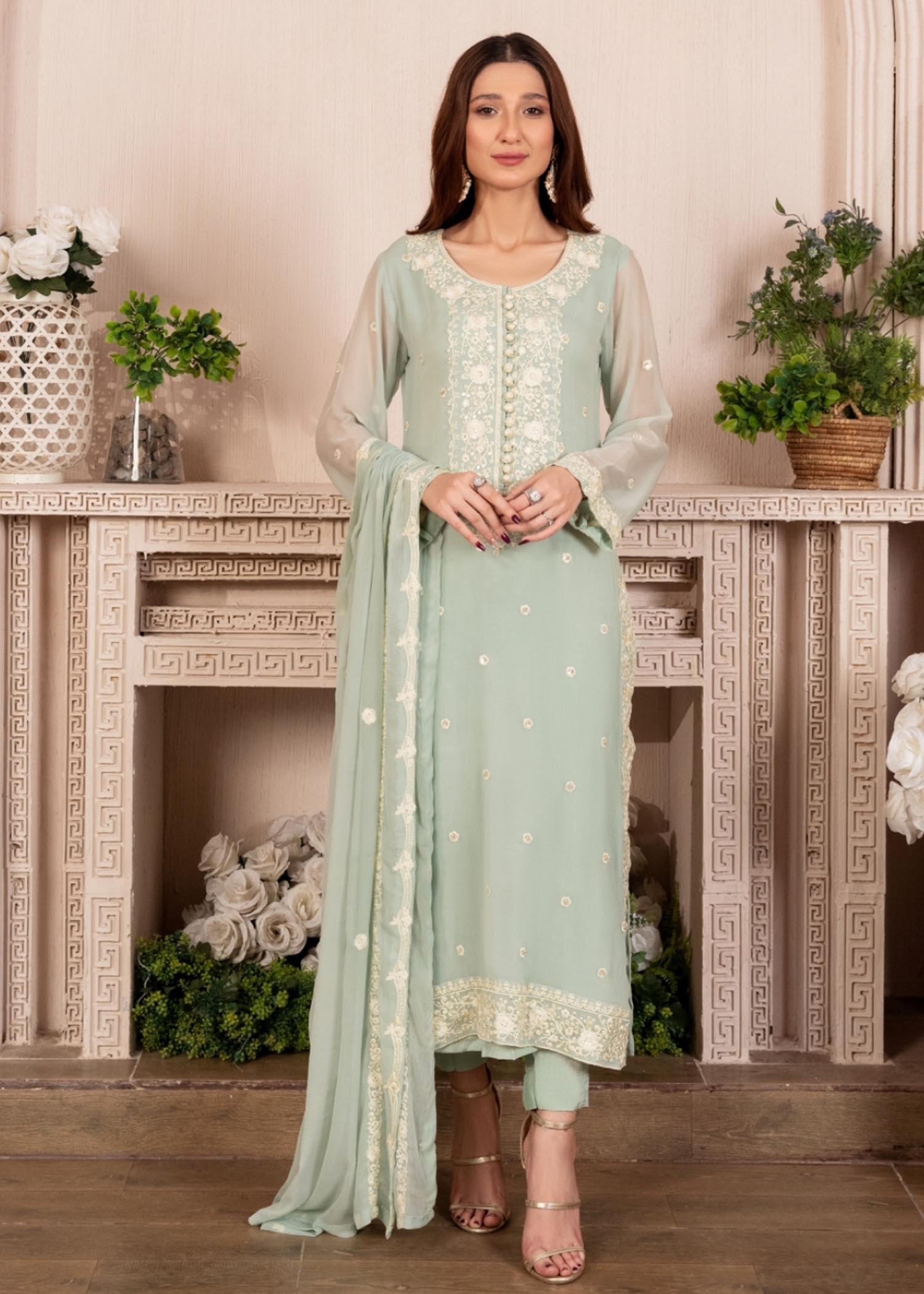Mint Green Embroidered Chiffon Kurta Set (3-Piece) - Image 1