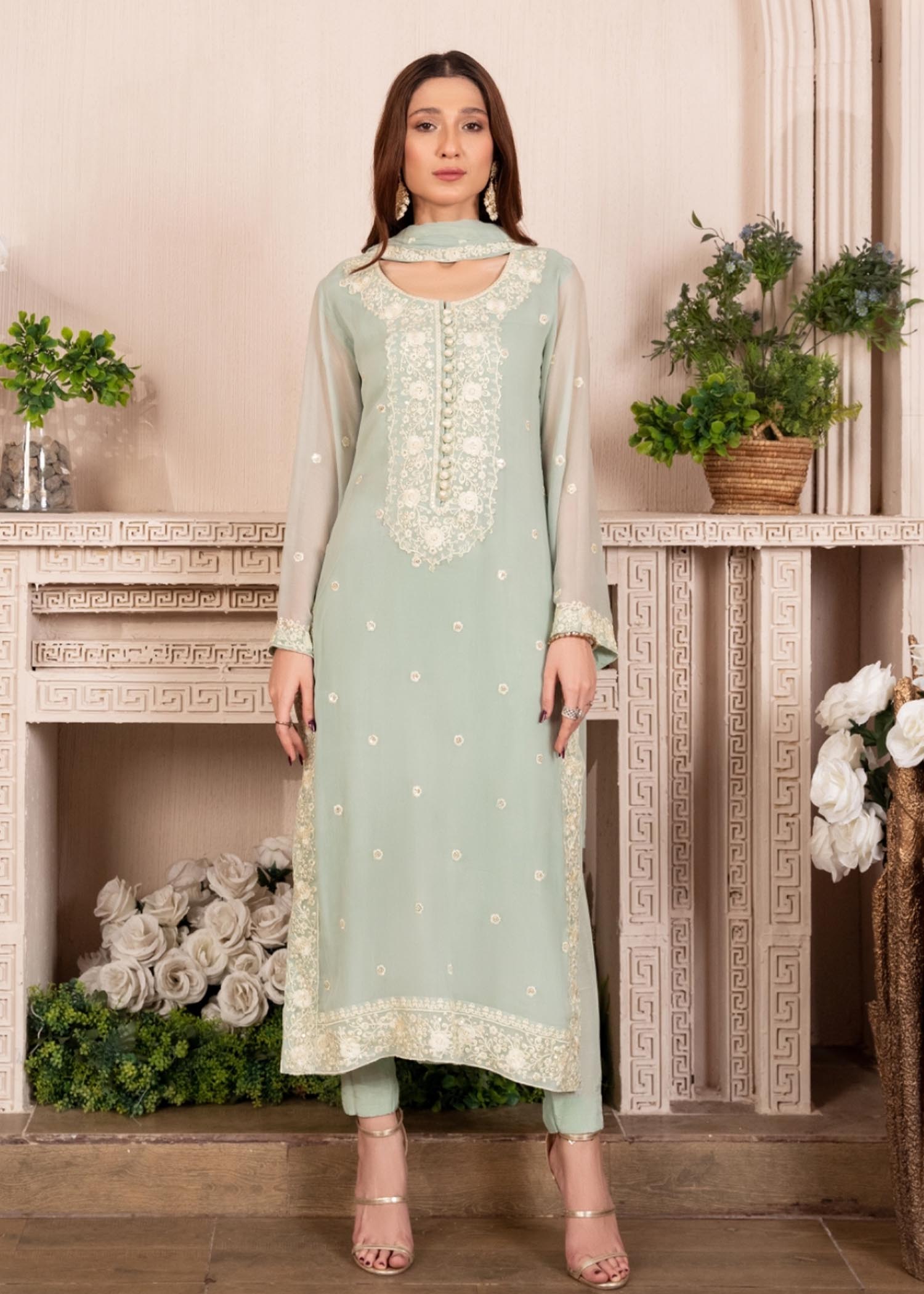 Mint Green Embroidered Chiffon Kurta Set (3-Piece) - Image 2