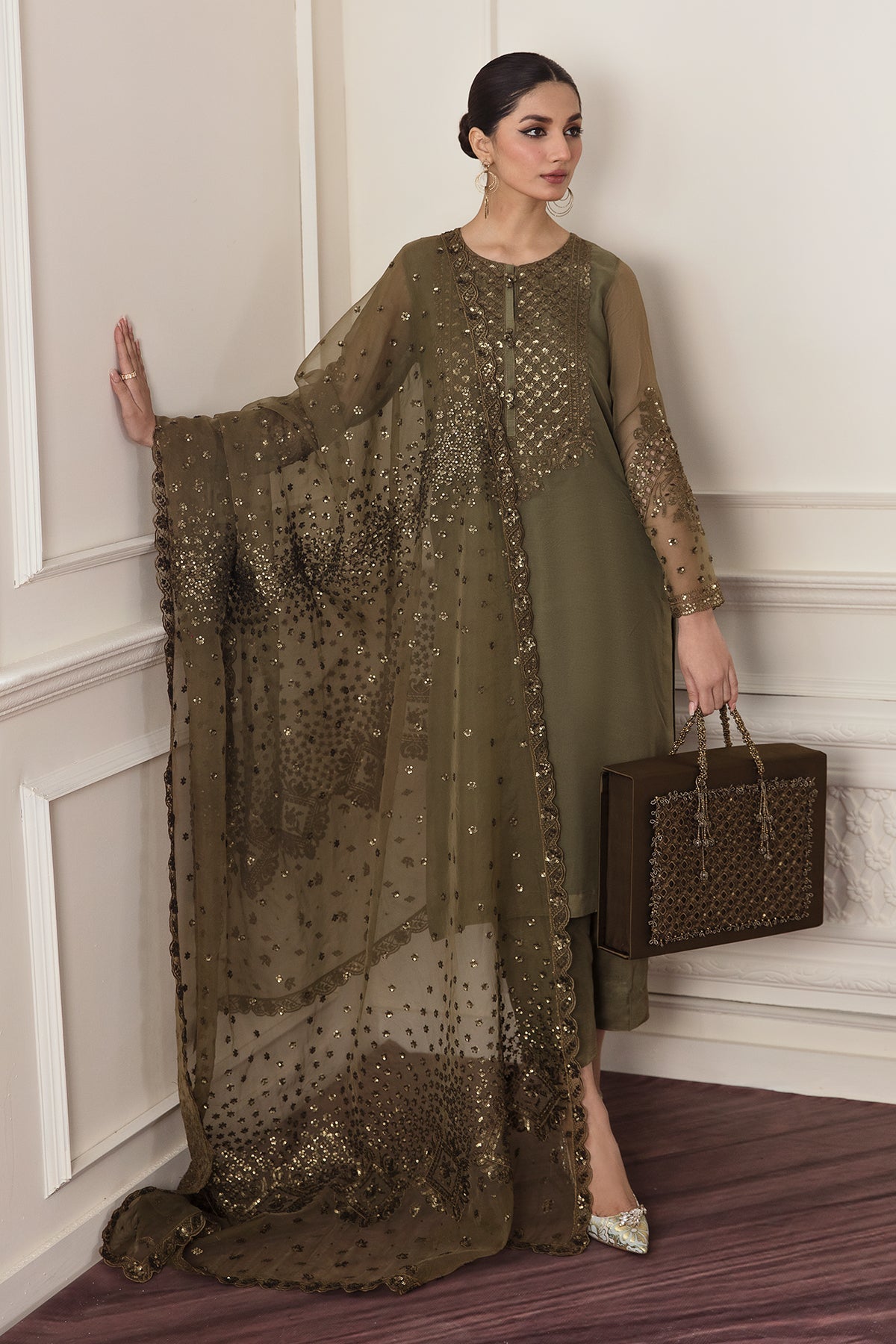 Pakistani Olive Embroidered Chiffon Salwar Kameez (3-Piece) - Image 1