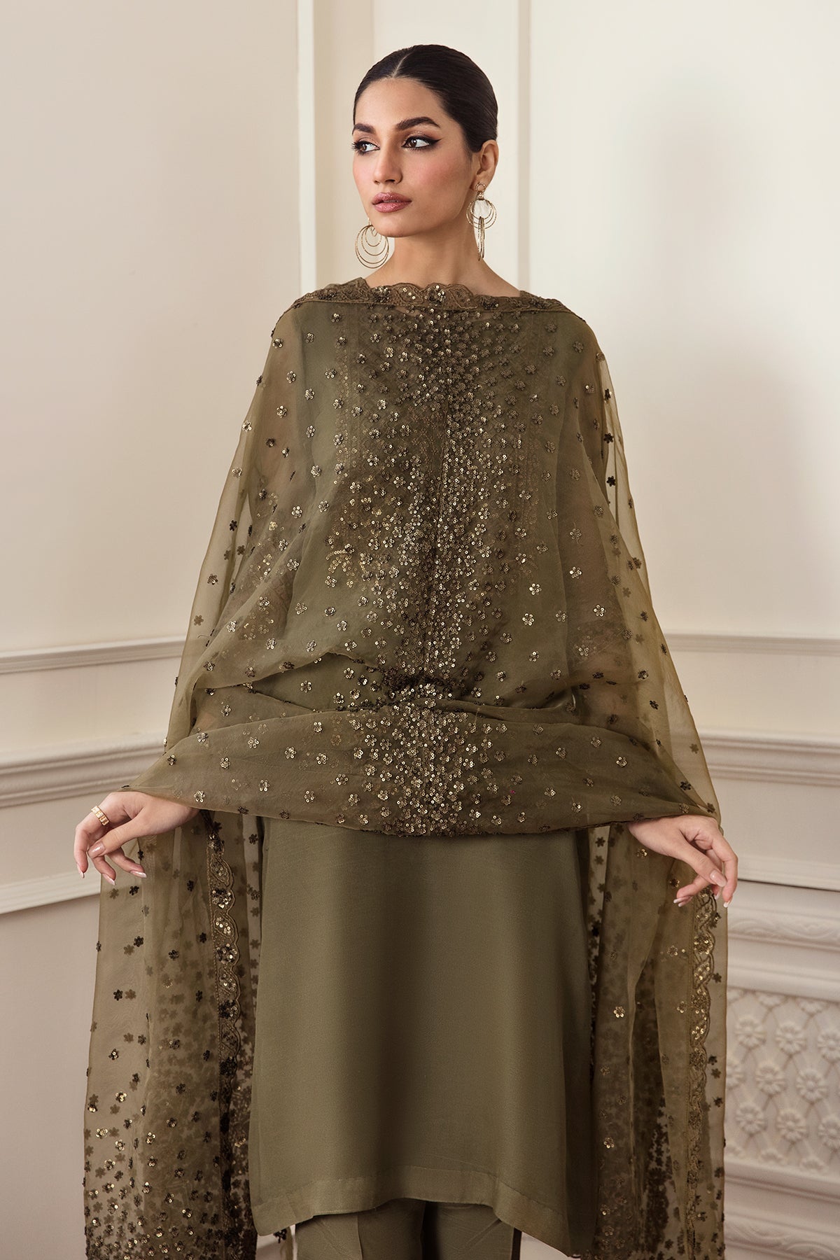 Pakistani Olive Embroidered Chiffon Salwar Kameez (3-Piece) - Image 2