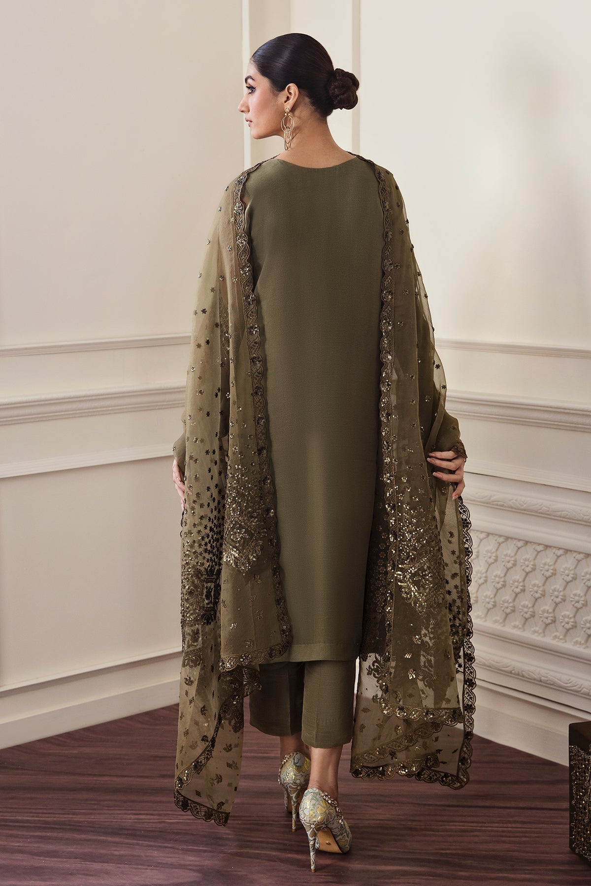 Pakistani Olive Embroidered Chiffon Salwar Kameez (3-Piece) - Image 3
