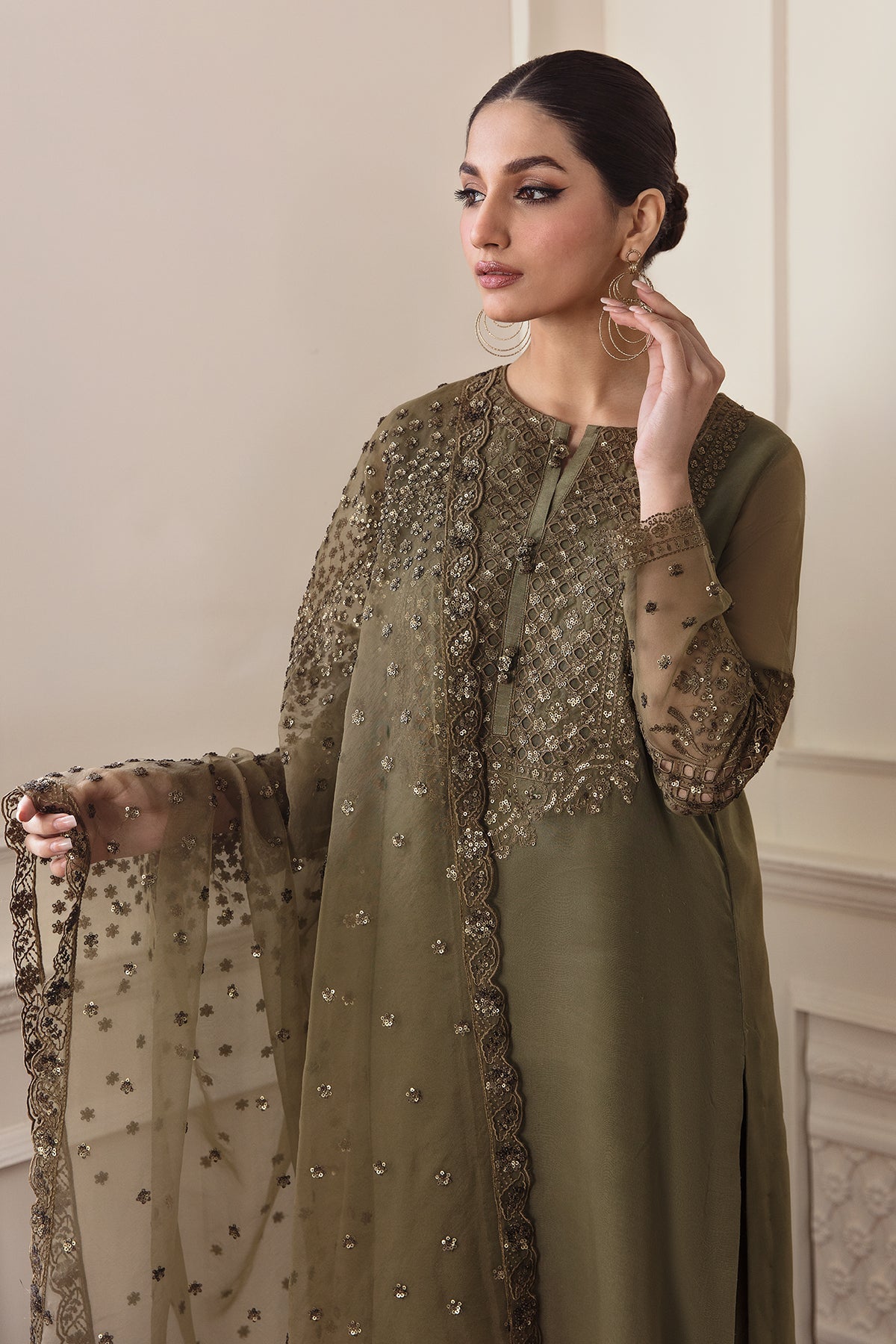 Pakistani Olive Embroidered Chiffon Salwar Kameez (3-Piece) - Image 4