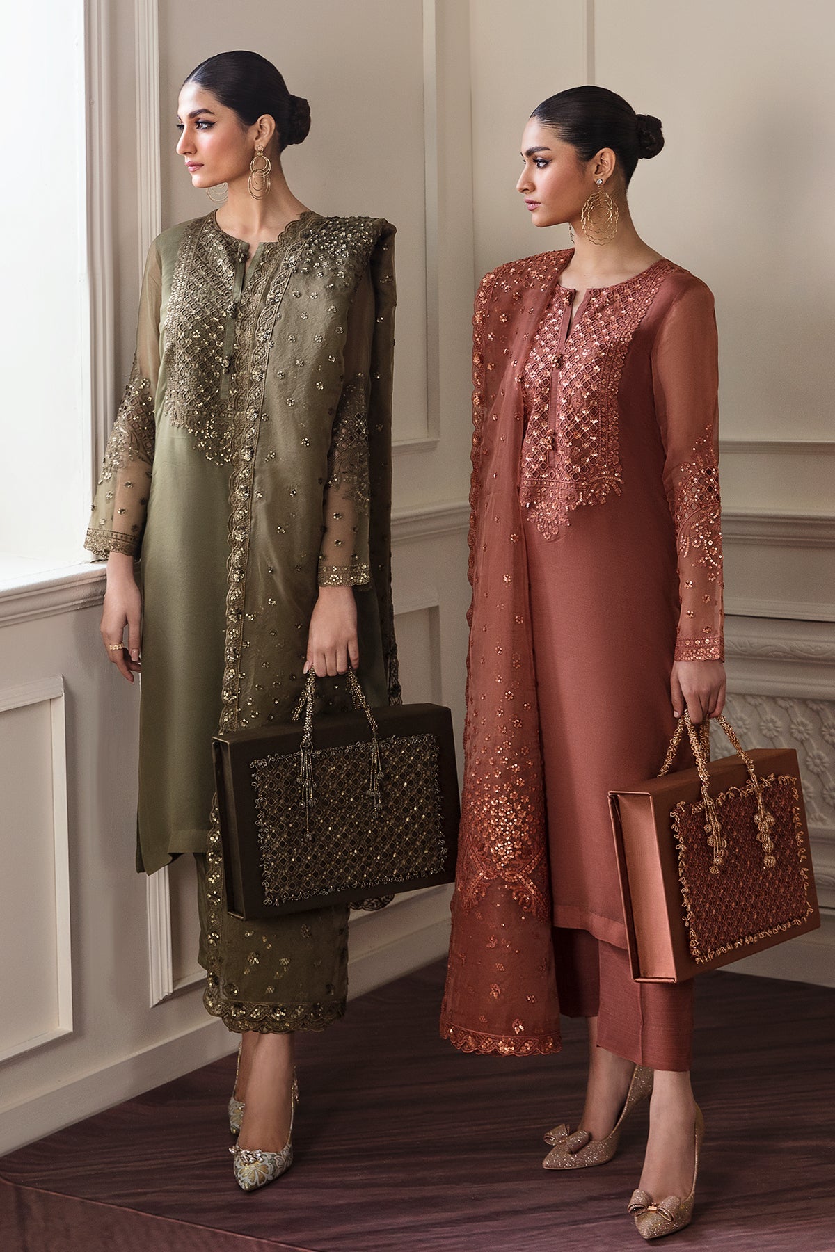 Pakistani Olive Embroidered Chiffon Salwar Kameez (3-Piece) - Image 7