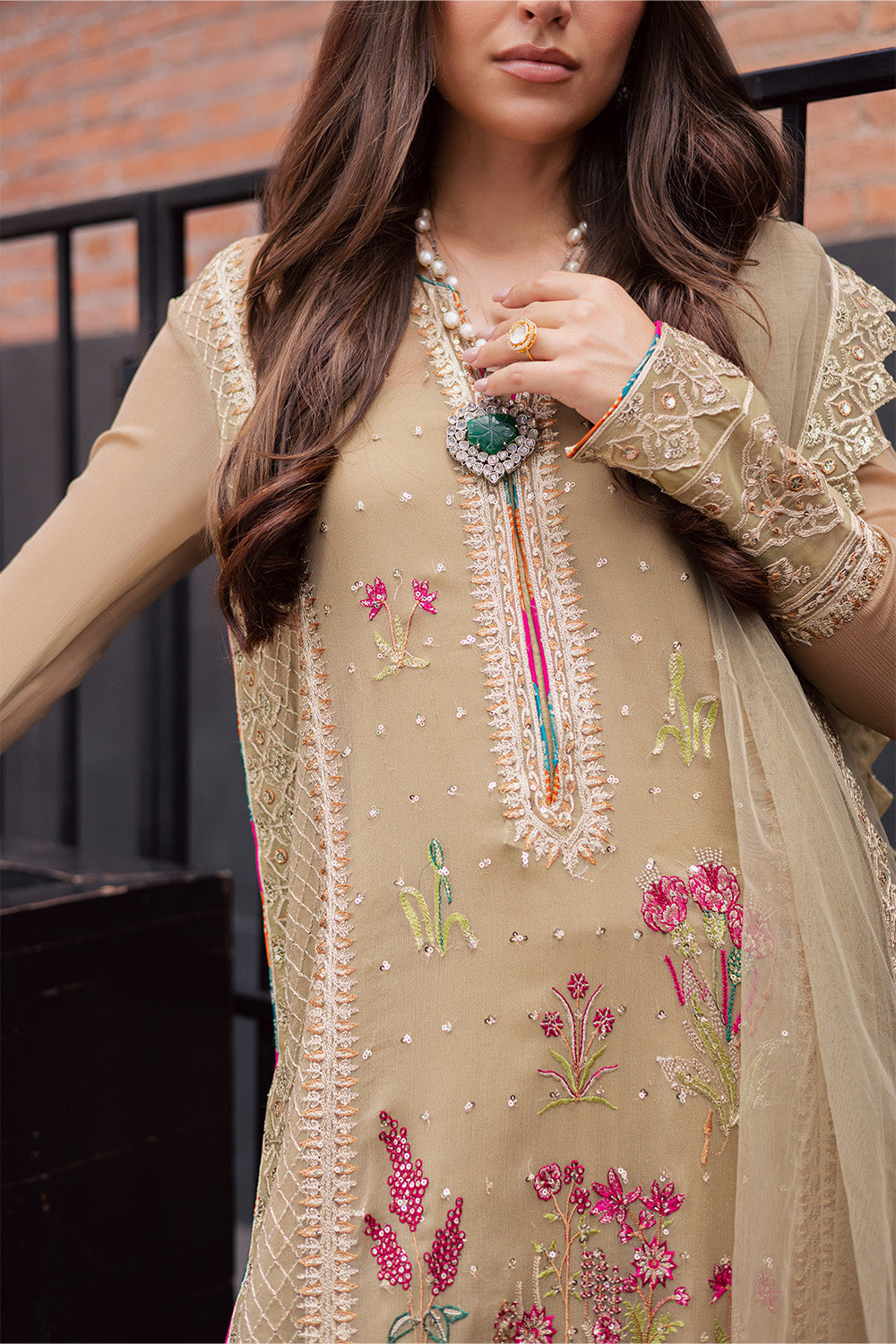 Mehndi Green Embroidered Chiffon & Organza Suit (3-Piece) - Image 2