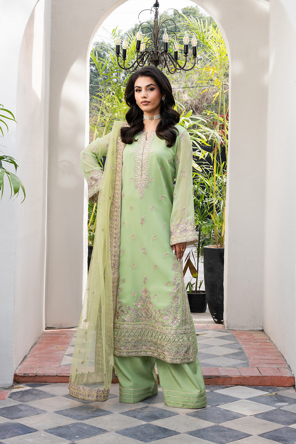 Pistachio Green Embroidered Chiffon & Organza Salwar Kameez (3-Piece) - Image 1