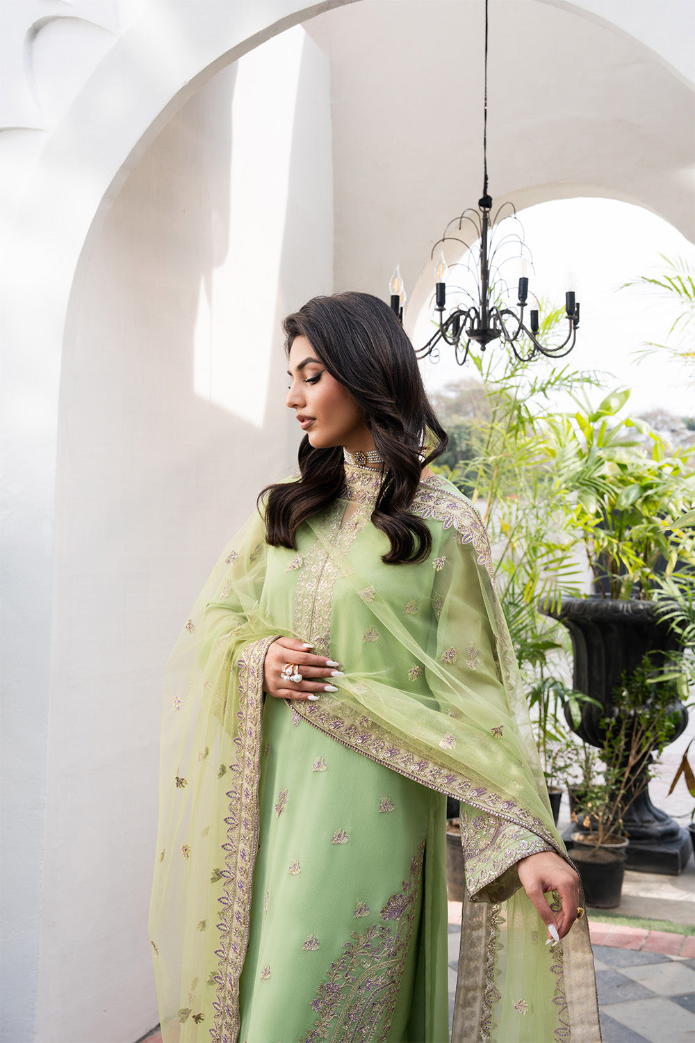 Pistachio Green Embroidered Chiffon & Organza Salwar Kameez (3-Piece) - Image 2