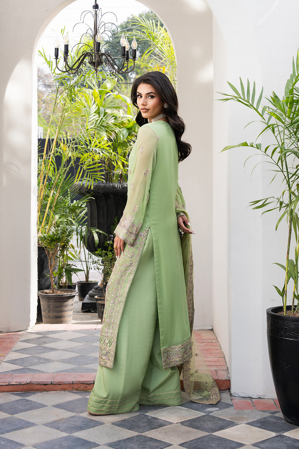 Pistachio Green Embroidered Chiffon & Organza Salwar Kameez (3-Piece) - Image 3