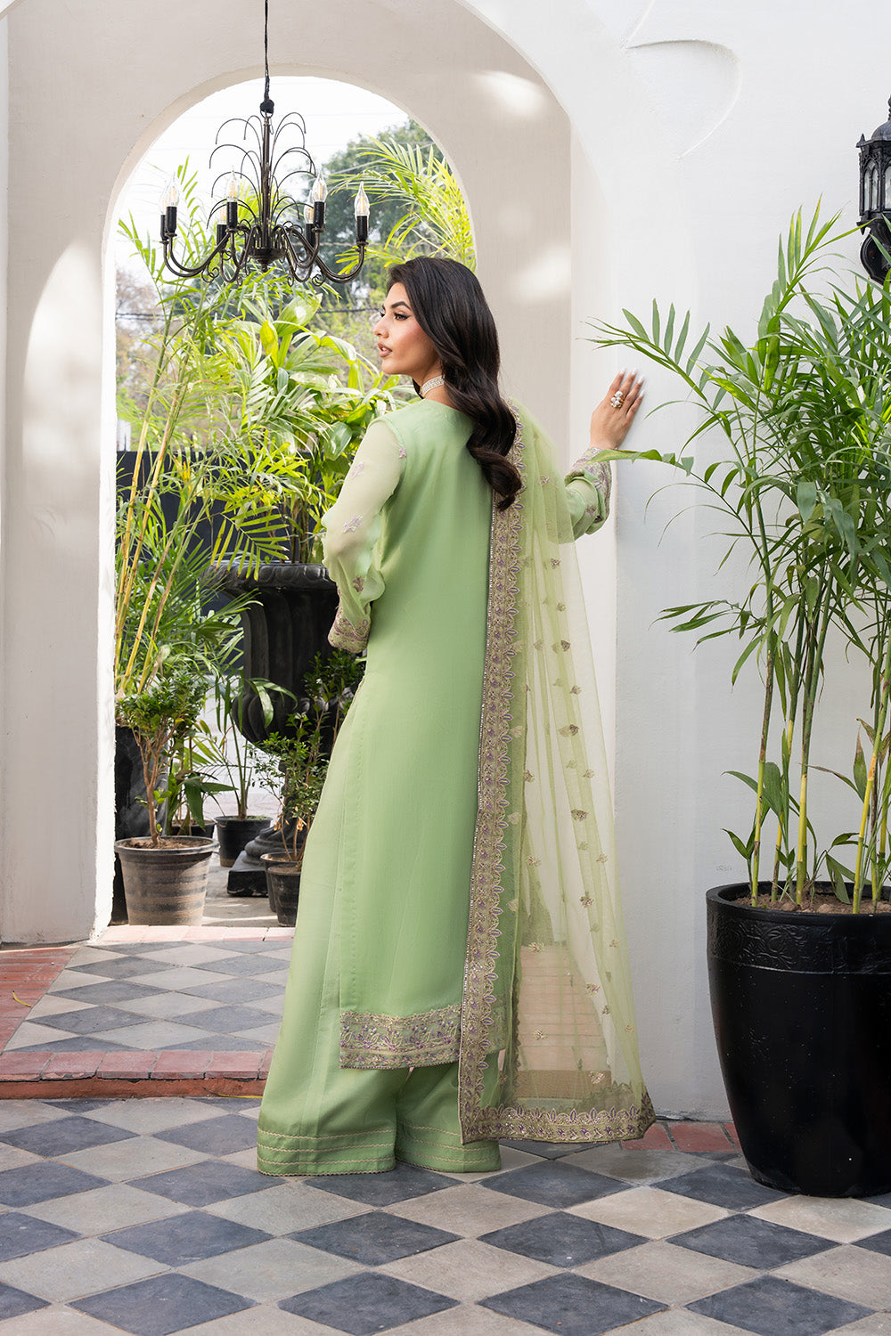 Pistachio Green Embroidered Chiffon & Organza Salwar Kameez (3-Piece) - Image 4