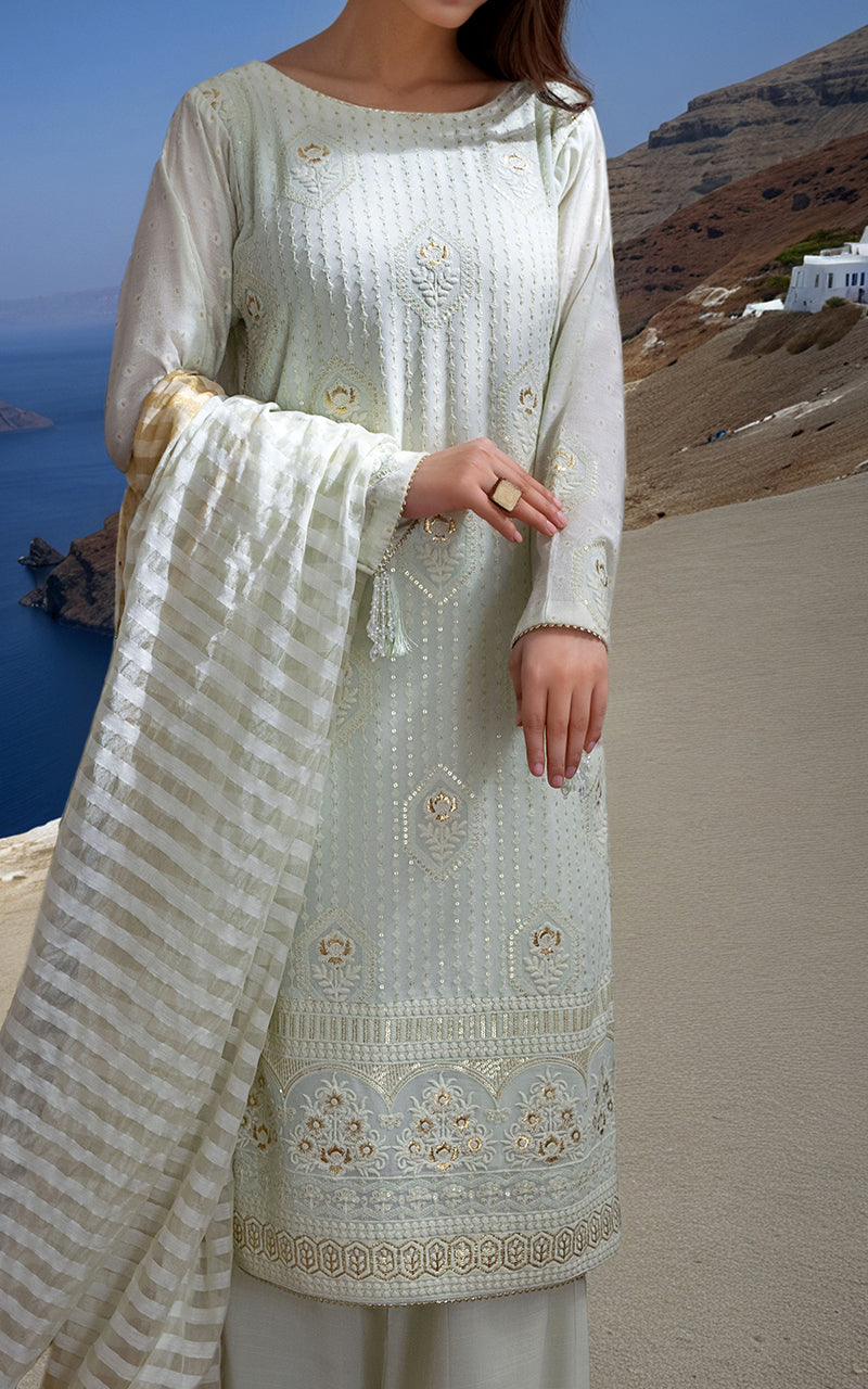 Pakistani Mint Embroidered Chiffon 3-Piece Suit - Image 2