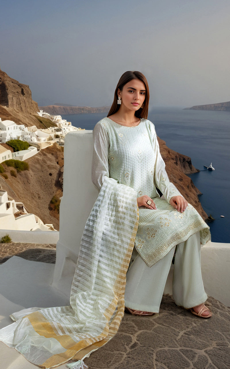 Pakistani Mint Embroidered Chiffon 3-Piece Suit - Image 4