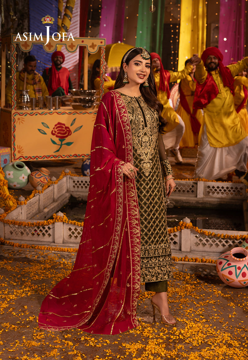 Olive Green Embroidered Chiffon 3-Piece Suit - Image 1