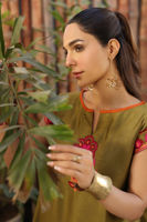 Pakistani Mehndi Green Aari Embroidered Cotton Salwar Kameez (2-Piece) - Image 8