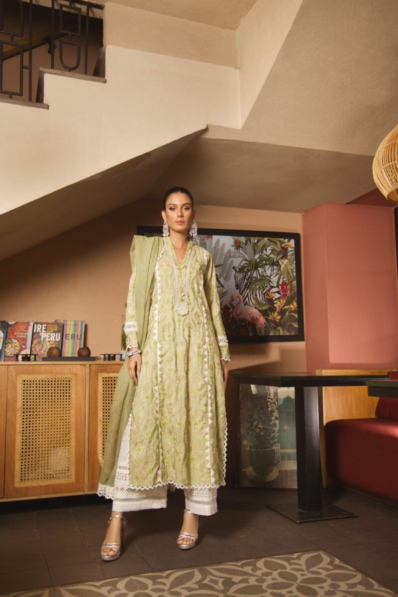 Mint Green Embroidered Cotton Salwar Kameez (3-Piece) - Image 1