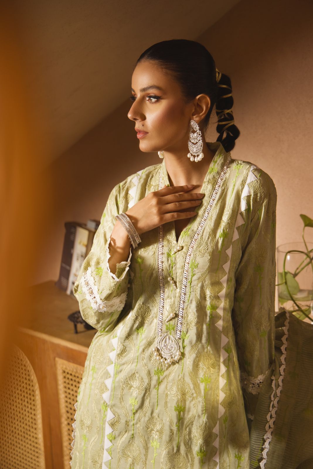 Mint Green Embroidered Cotton Salwar Kameez (3-Piece) - Image 5
