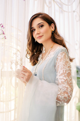 Mint Appliqué Embroidered Cotton Karandi Salwar Kameez (3-Piece) - Image 4