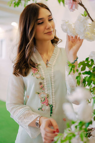 Mint Appliqué Embroidered Cotton Karandi Salwar Kameez (3-Piece) - Image 5