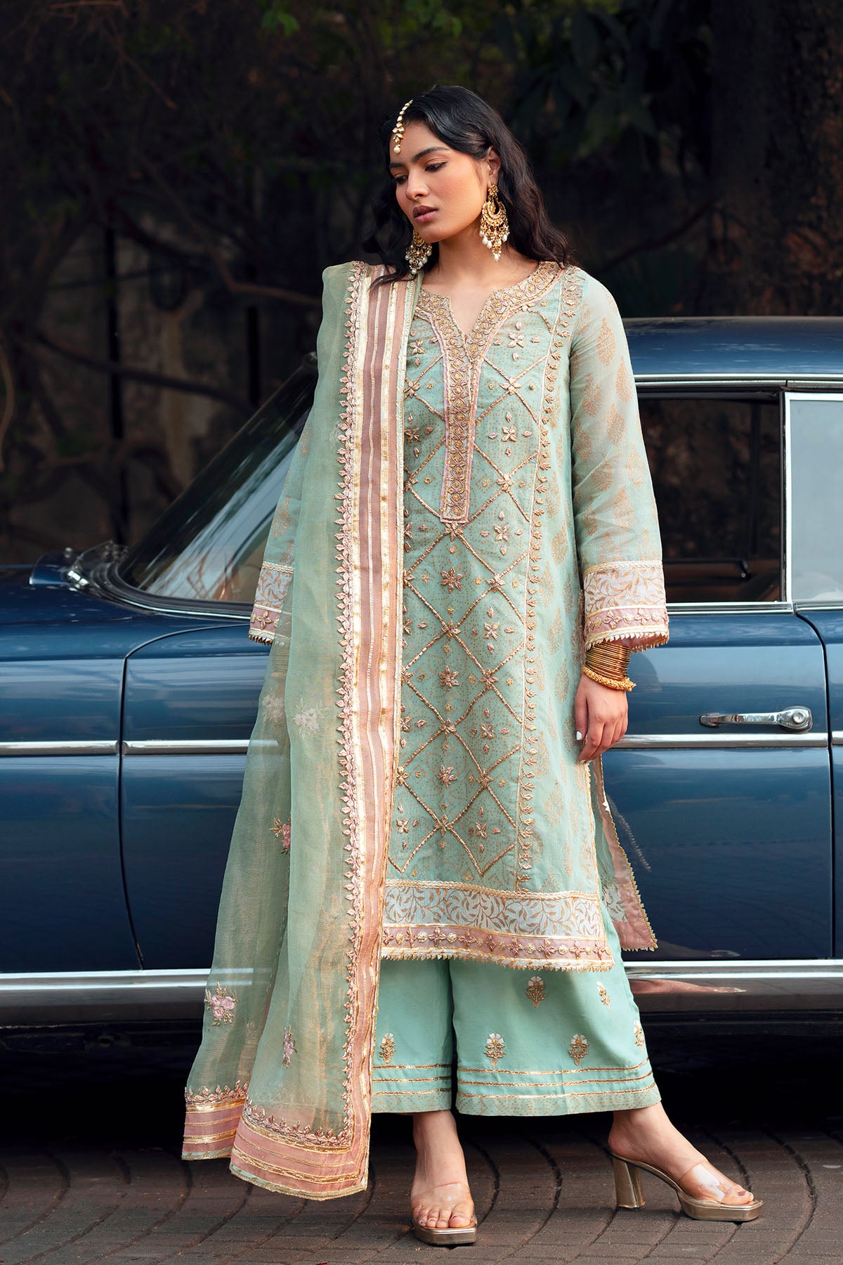 Pakistani Aqua Green Embroidered Cotton Karandi & PK Raw Silk (3-Piece) - Image 1
