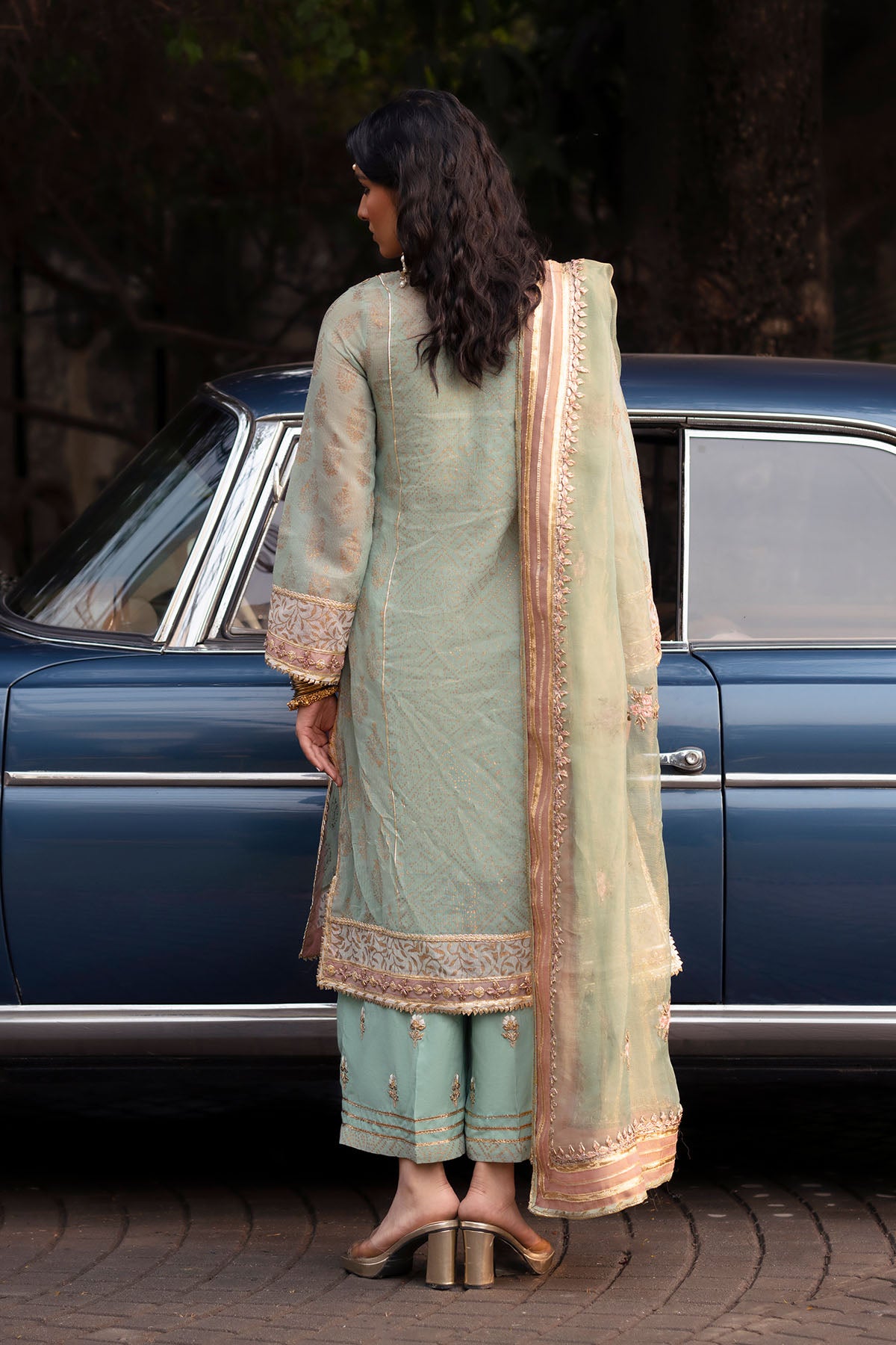 Pakistani Aqua Green Embroidered Cotton Karandi & PK Raw Silk (3-Piece) - Image 3