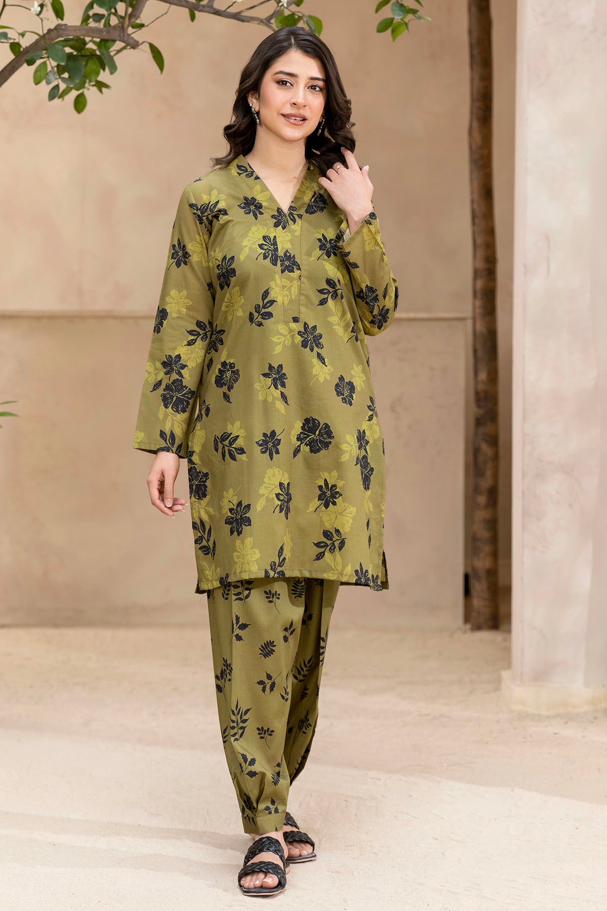Olive Digital Printed Cotton Lawn Salwar Kameez (2-Piece) - Image 1