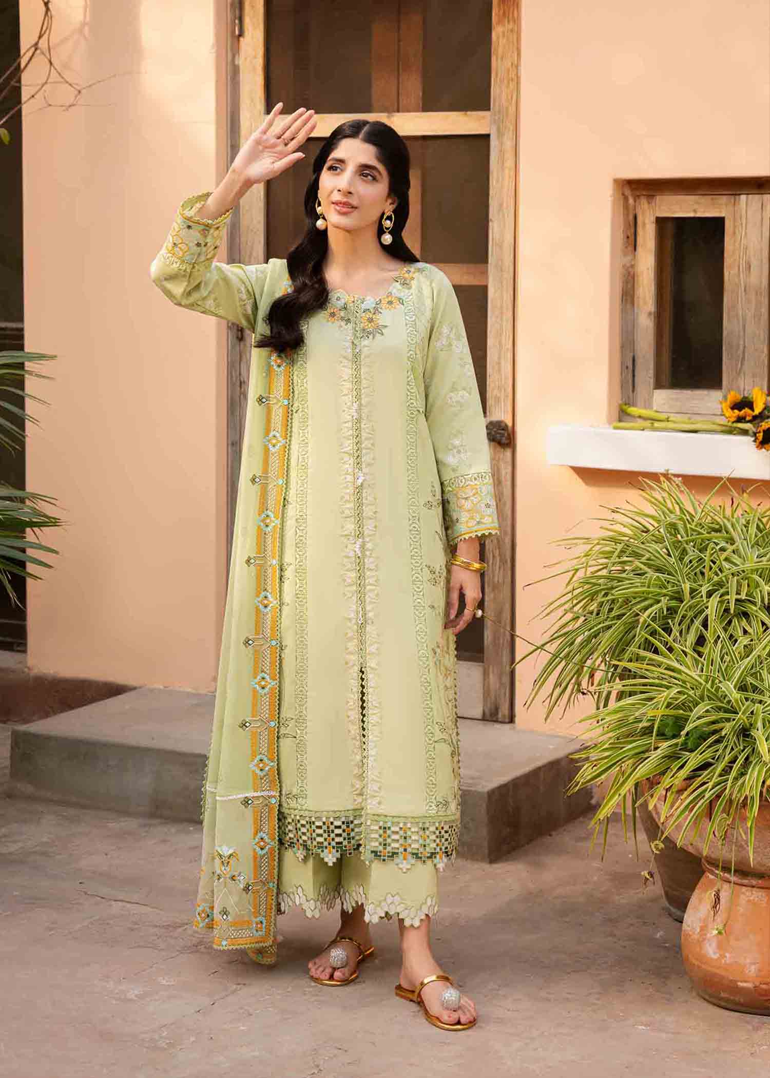 Pakistani Fern Green Embroidered Cotton Lawn Schiffli Suit (3-Piece) - Image 1
