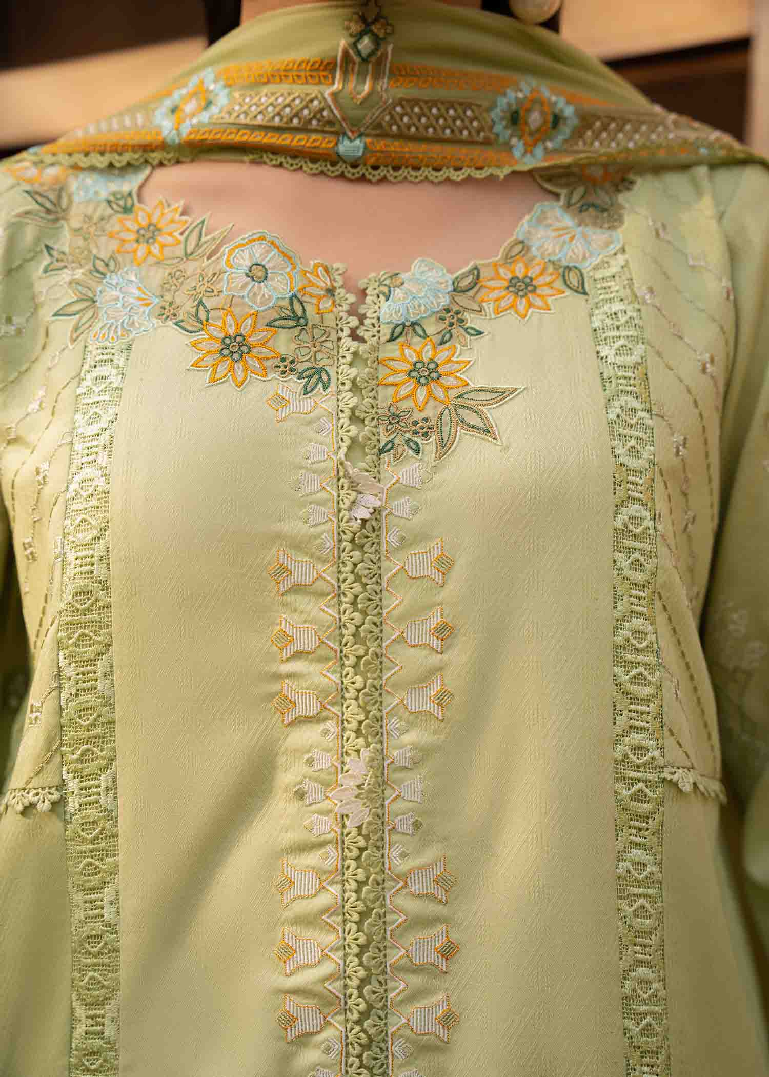 Pakistani Fern Green Embroidered Cotton Lawn Schiffli Suit (3-Piece) - Image 2