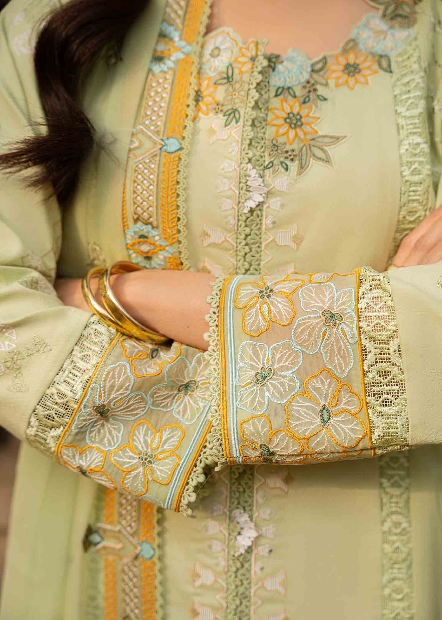 Pakistani Fern Green Embroidered Cotton Lawn Schiffli Suit (3-Piece) - Image 3