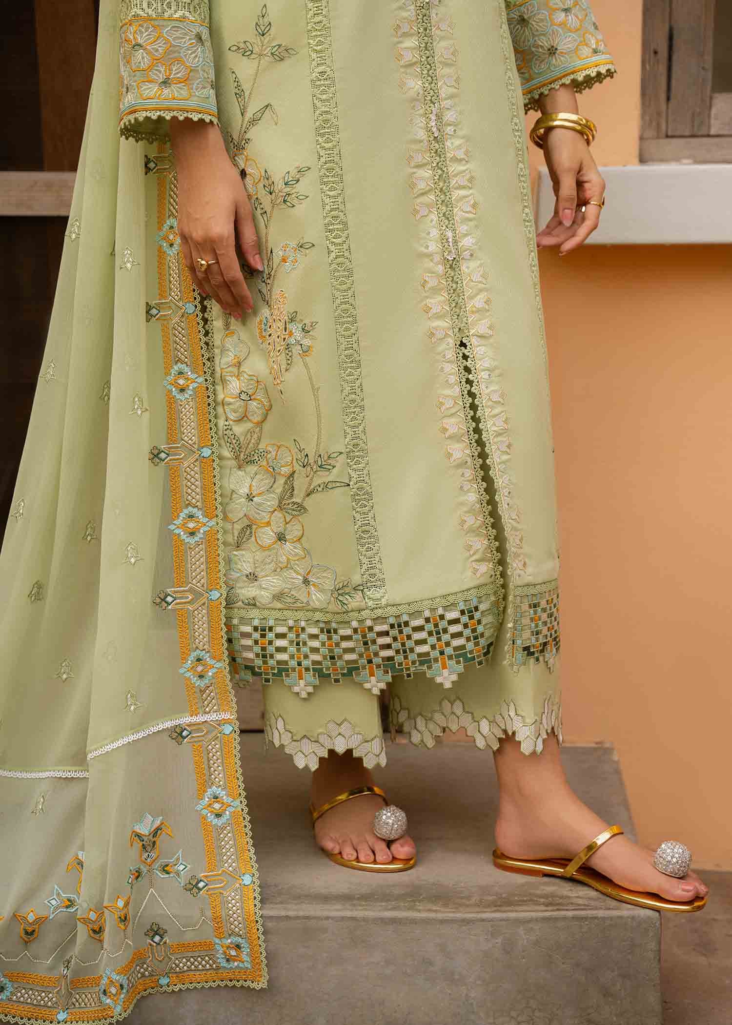 Pakistani Fern Green Embroidered Cotton Lawn Schiffli Suit (3-Piece) - Image 4