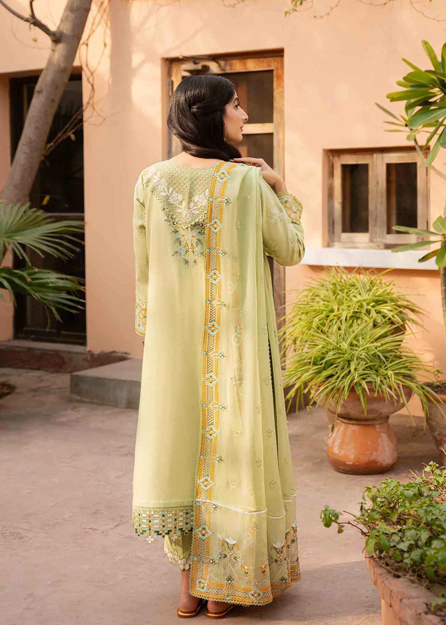 Pakistani Fern Green Embroidered Cotton Lawn Schiffli Suit (3-Piece) - Image 5