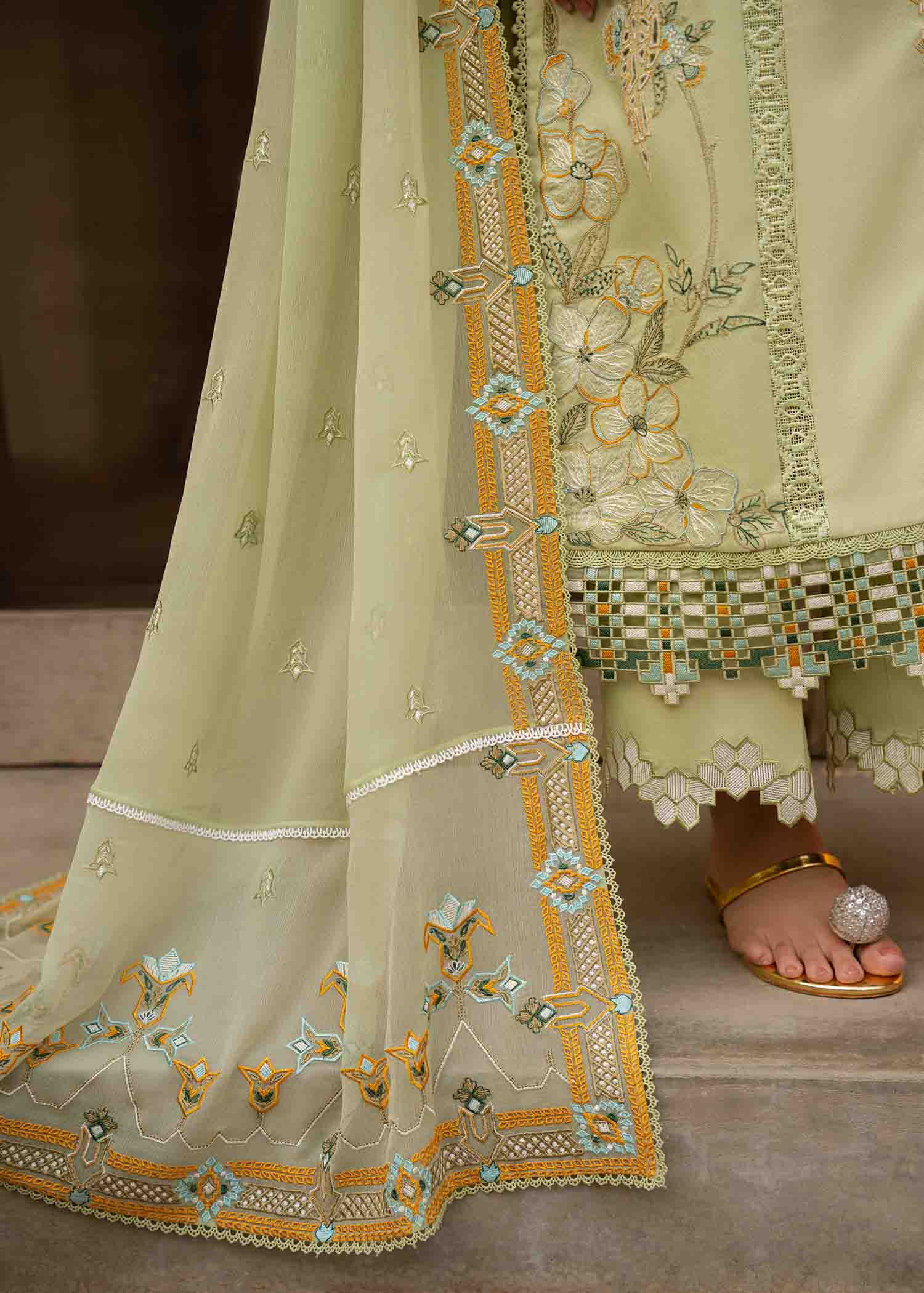 Pakistani Fern Green Embroidered Cotton Lawn Schiffli Suit (3-Piece) - Image 6