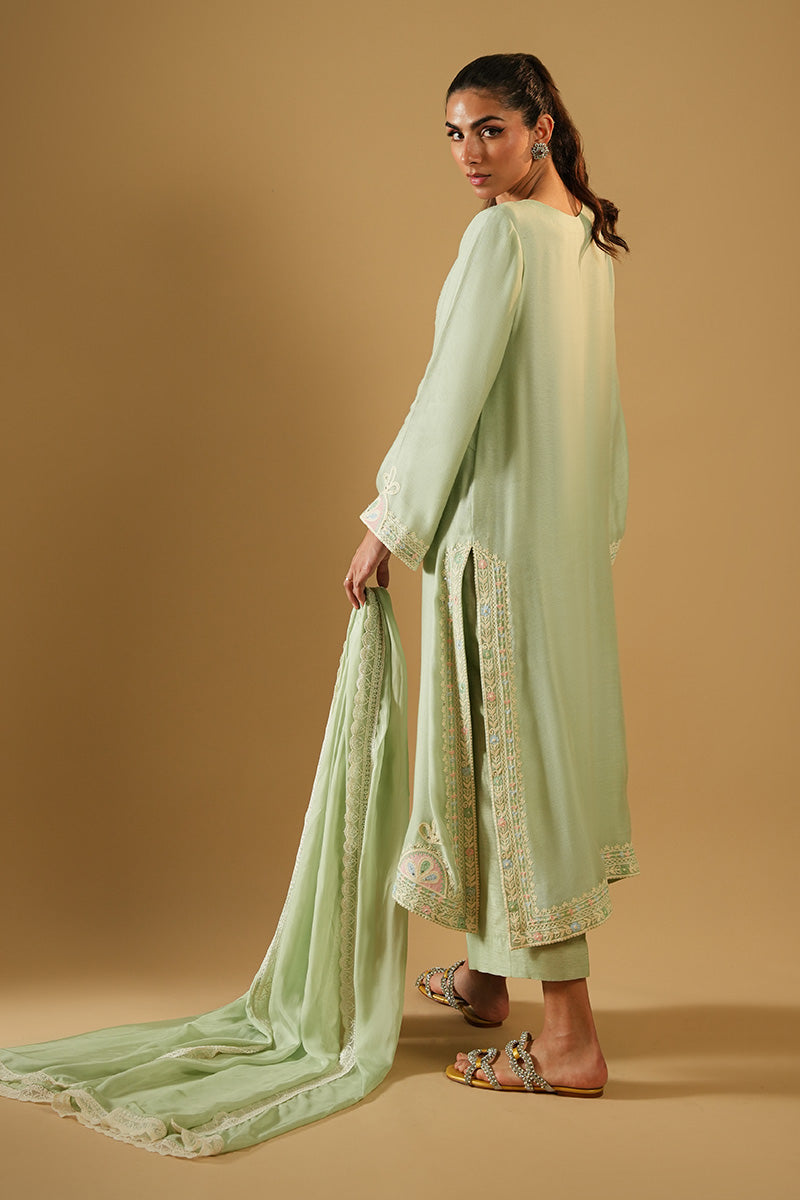 Pistachio Aari Embroidered Cotton Net Salwar Kameez (3-Piece) - Image 3