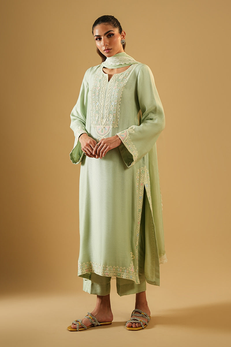 Pakistani Pistachio Aari Embroidered Cotton Net Salwar Kameez (3-Piece) - Image 1