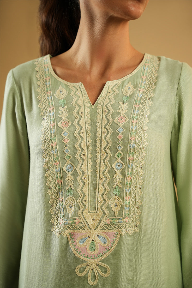 Pakistani Pistachio Aari Embroidered Cotton Net Salwar Kameez (3-Piece) - Image 5