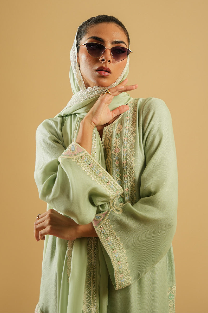 Pakistani Pistachio Aari Embroidered Cotton Net Salwar Kameez (3-Piece) - Image 7