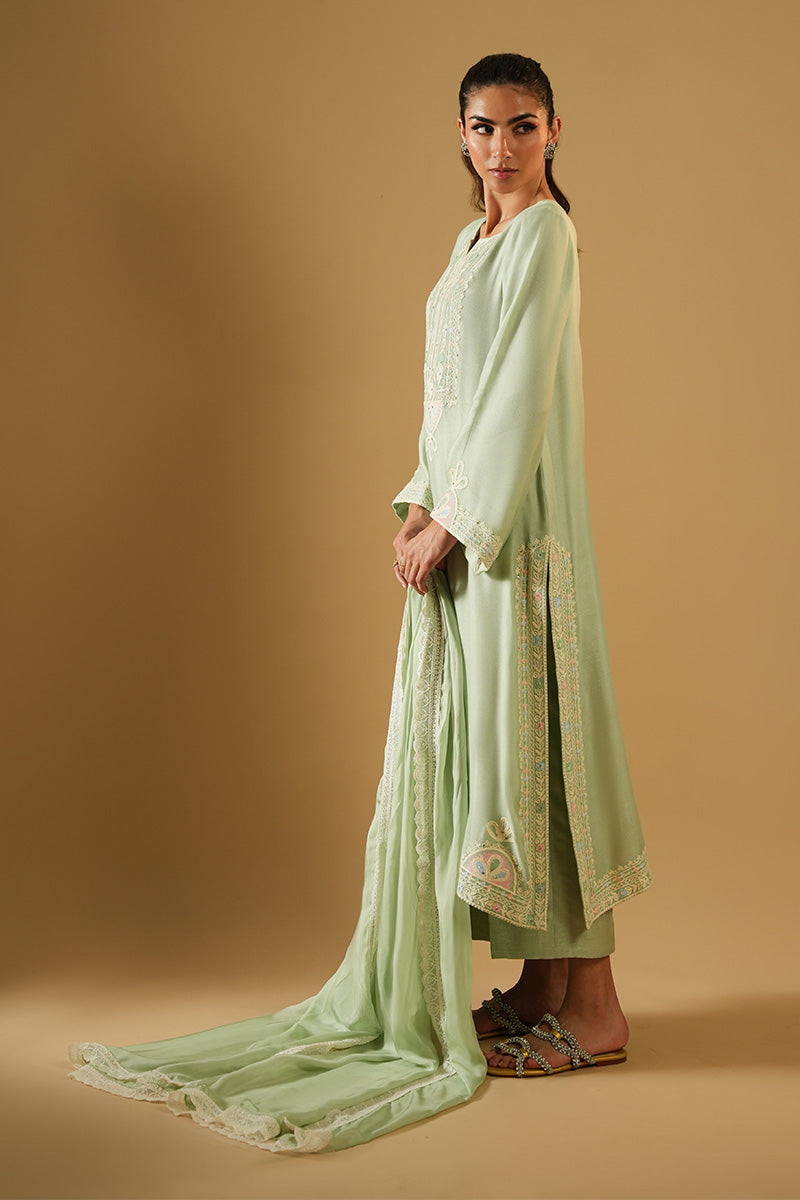 Pakistani Pistachio Aari Embroidered Cotton Net Salwar Kameez (3-Piece) - Image 2