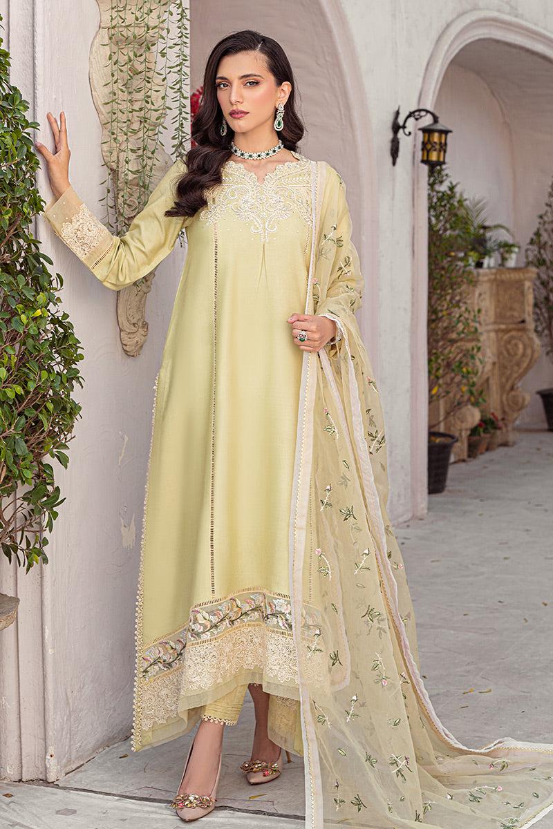 Pakistani Mellow Green Embroidered Cotton Net Salwar Kameez (3-Piece) - Image 1