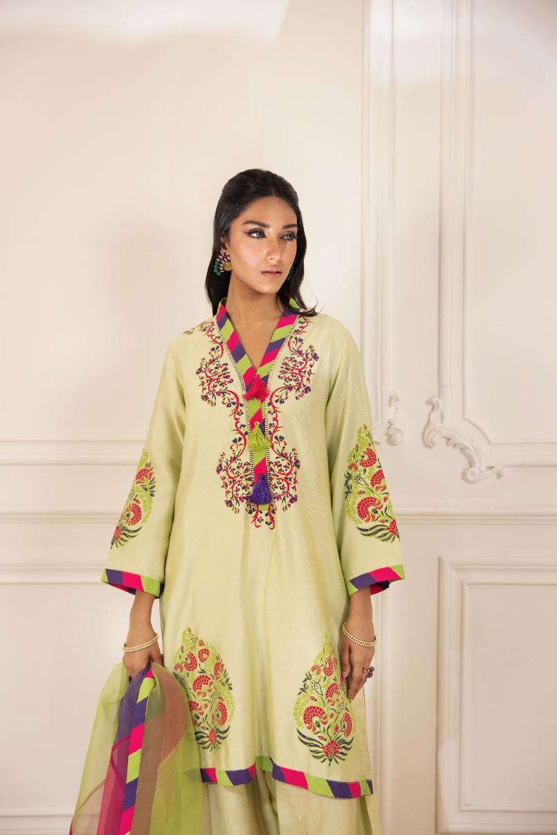 Pakistani Pistachio Green Block Printed Cotton Net Kurta Set (3-Piece) - Image 5