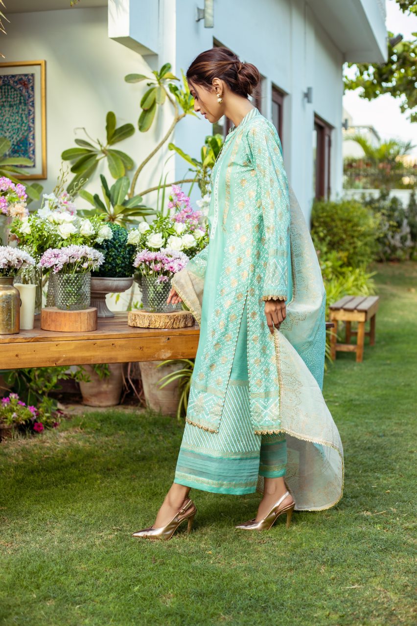 Pakistani Mint Block Print Cotton Net Salwar Kameez (3-Piece) - Image 3