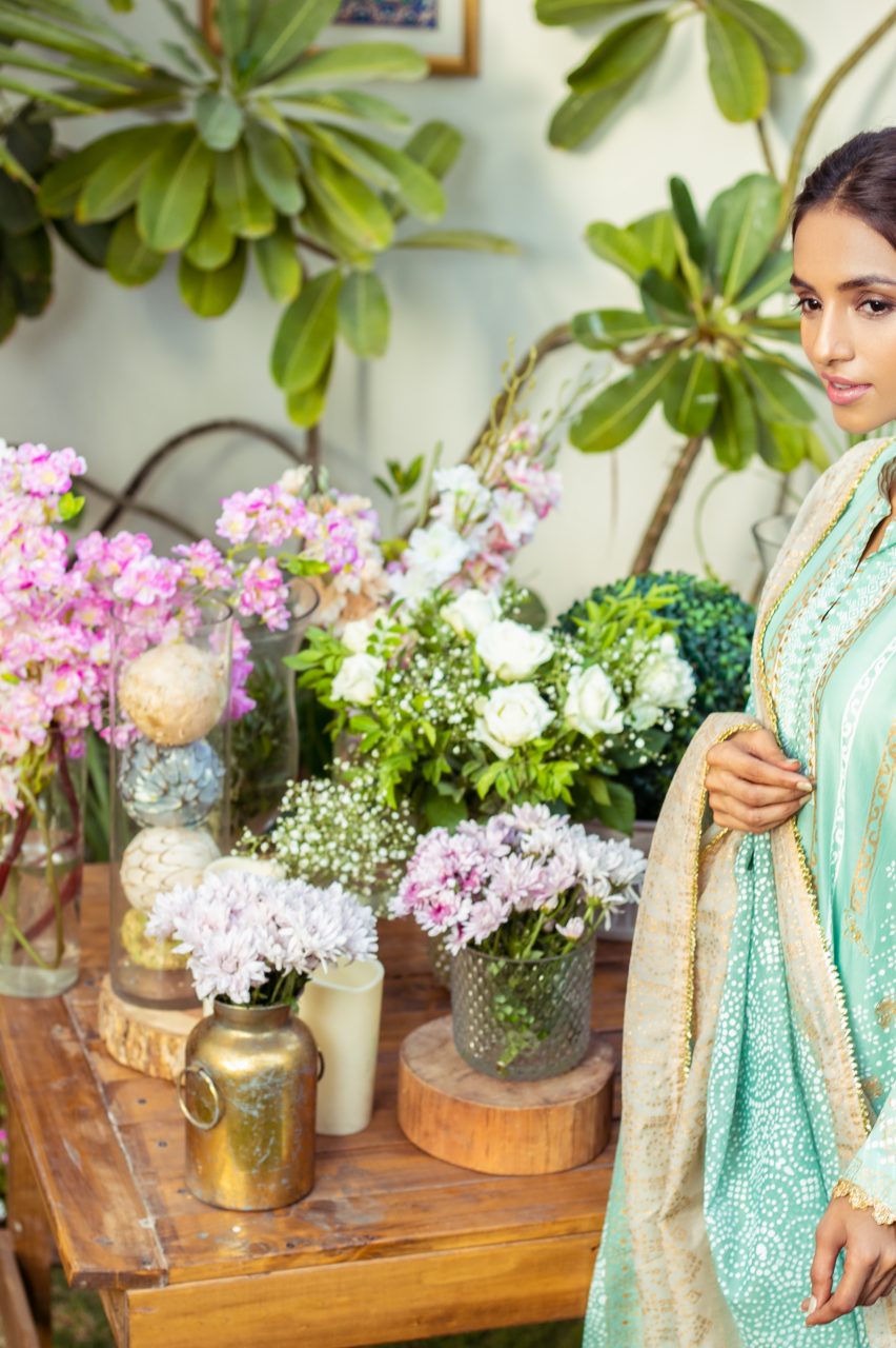 Pakistani Mint Block Print Cotton Net Salwar Kameez (3-Piece) - Image 5