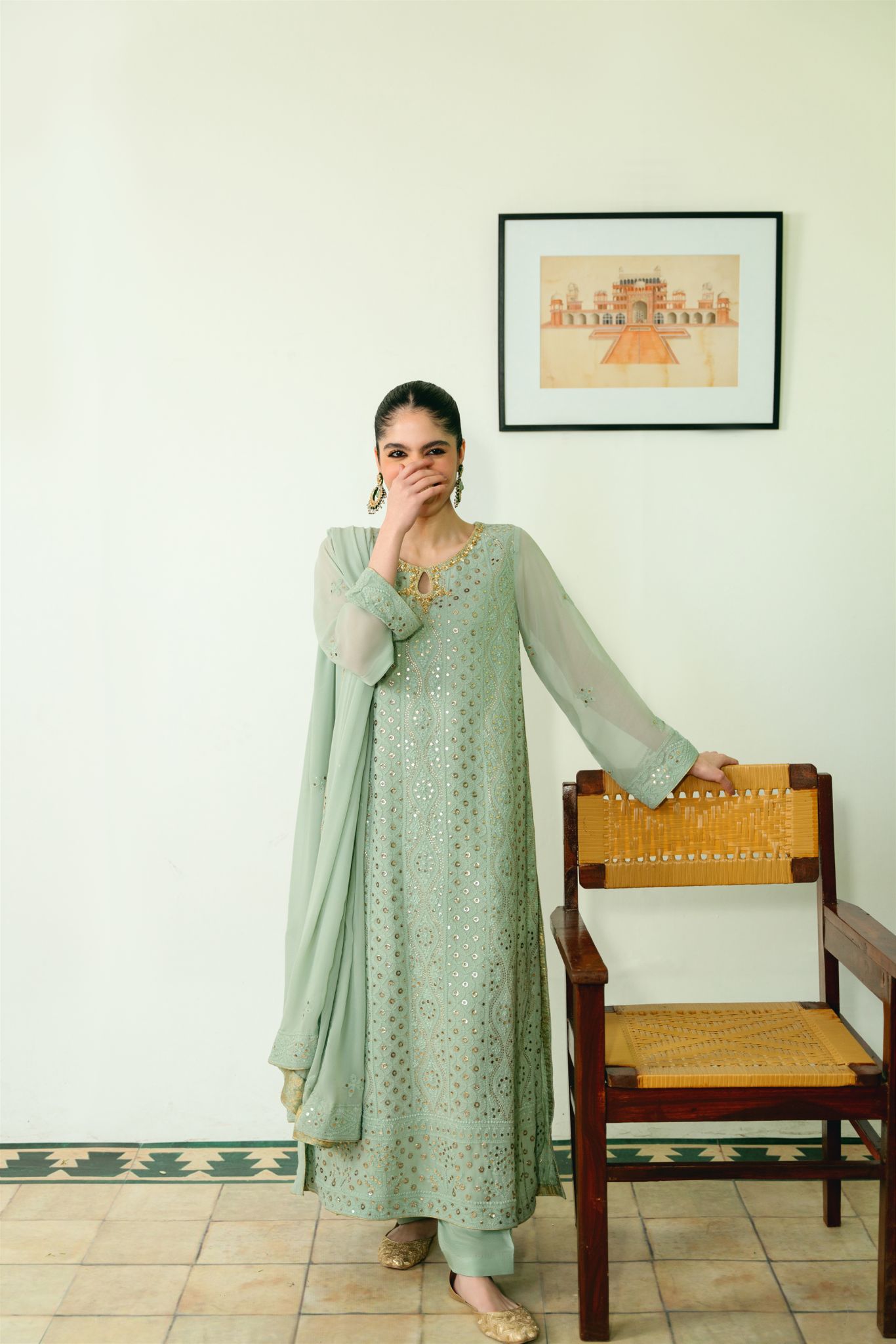 Mint Green Chikankari Cotton Net Salwar Kameez (3-Piece) - Image 1