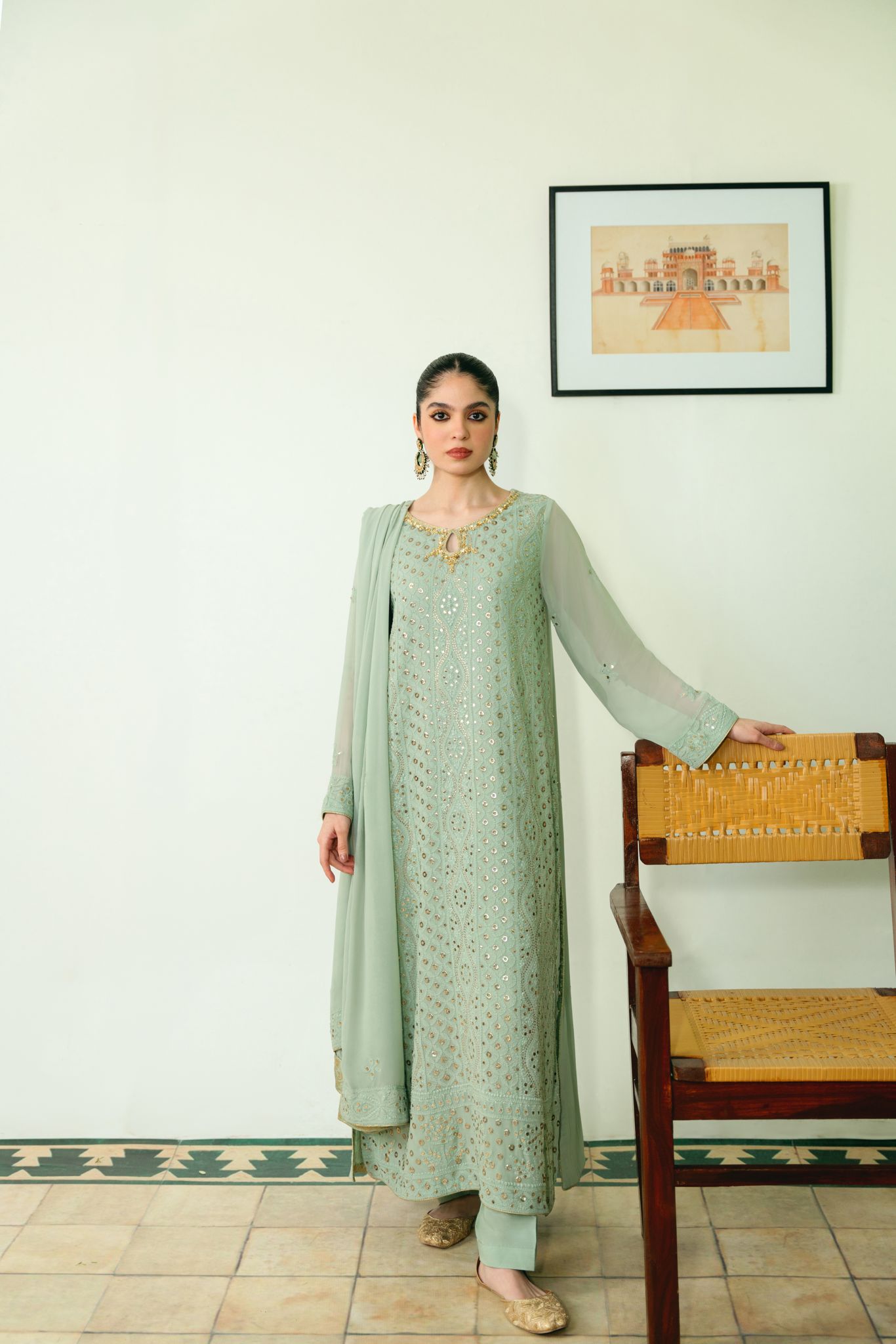 Mint Green Chikankari Cotton Net Salwar Kameez (3-Piece) - Image 2