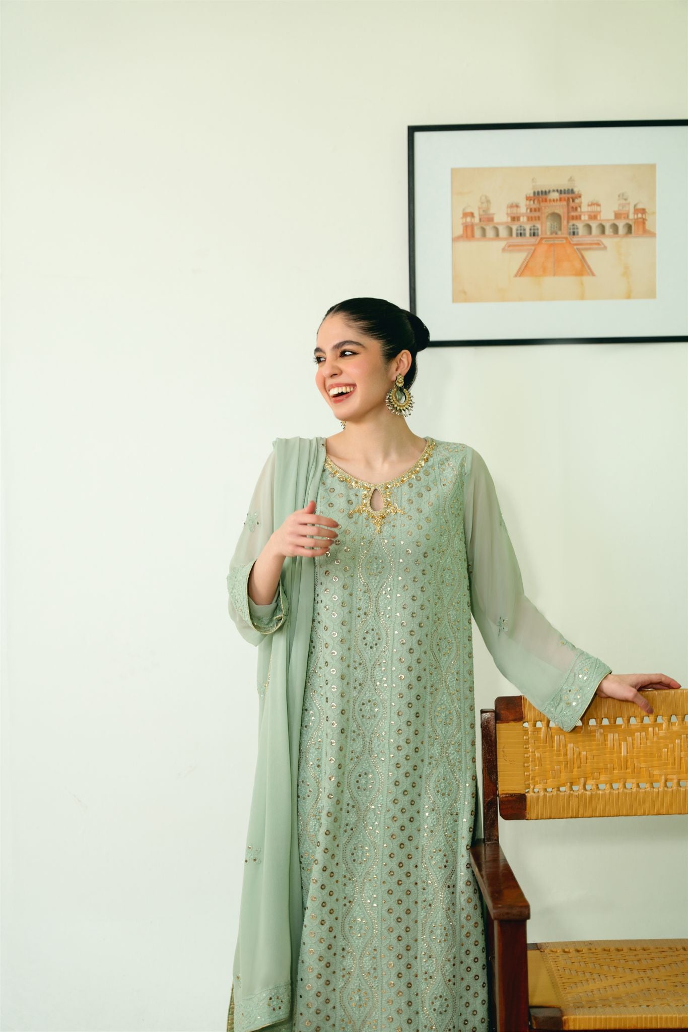 Mint Green Chikankari Cotton Net Salwar Kameez (3-Piece) - Image 3