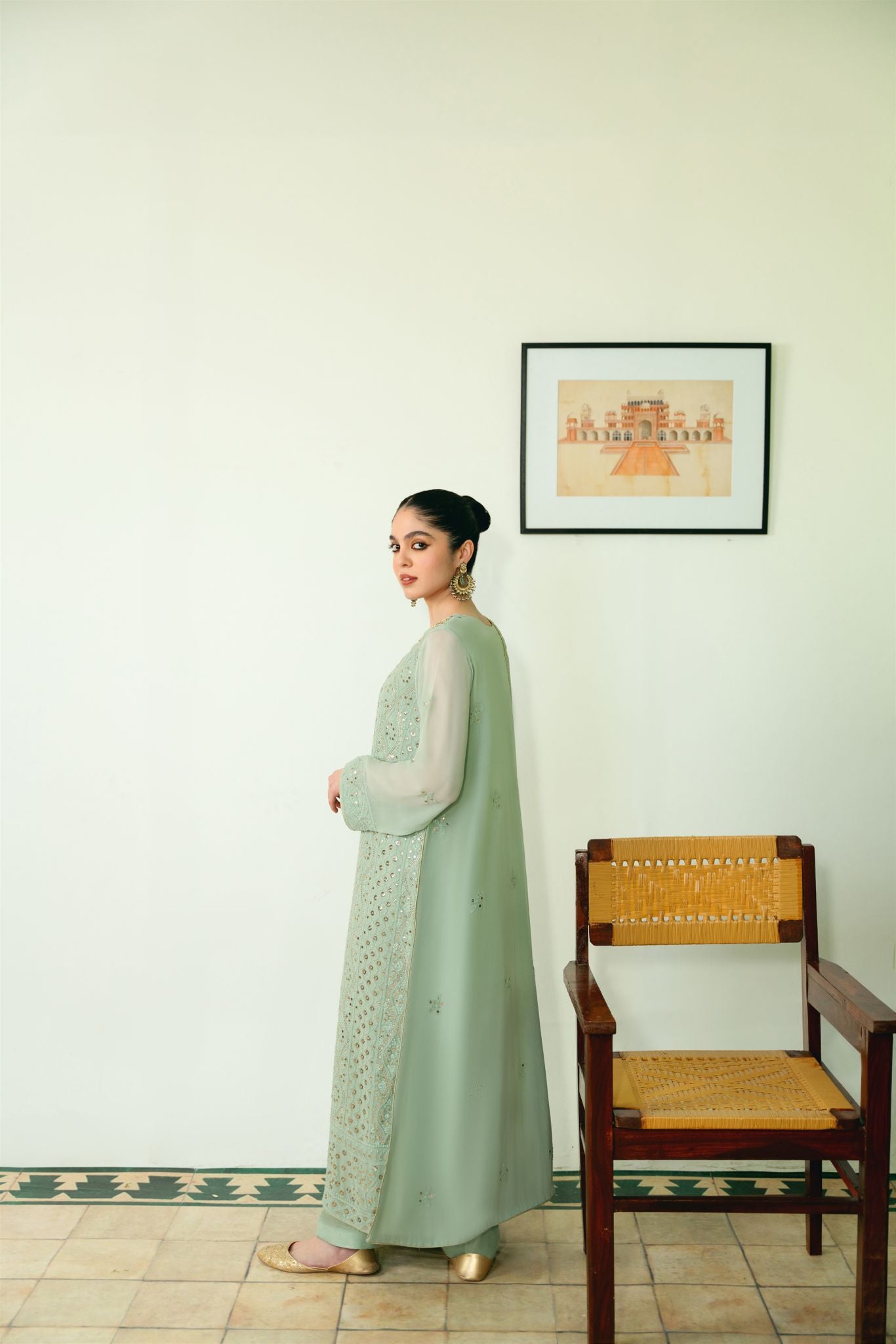 Mint Green Chikankari Cotton Net Salwar Kameez (3-Piece) - Image 4